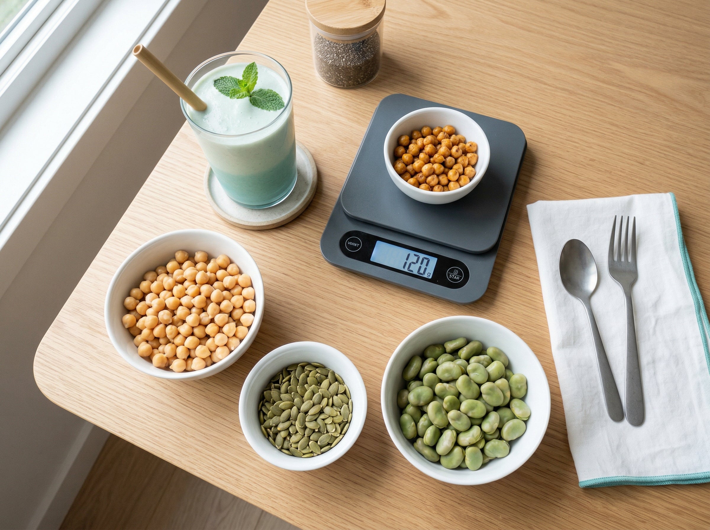 Protein-Mahlzeiten auf einem Küchentisch: Hülsenfrüchte, Tofu und ein Proteinshake auf hellem Hintergrund
