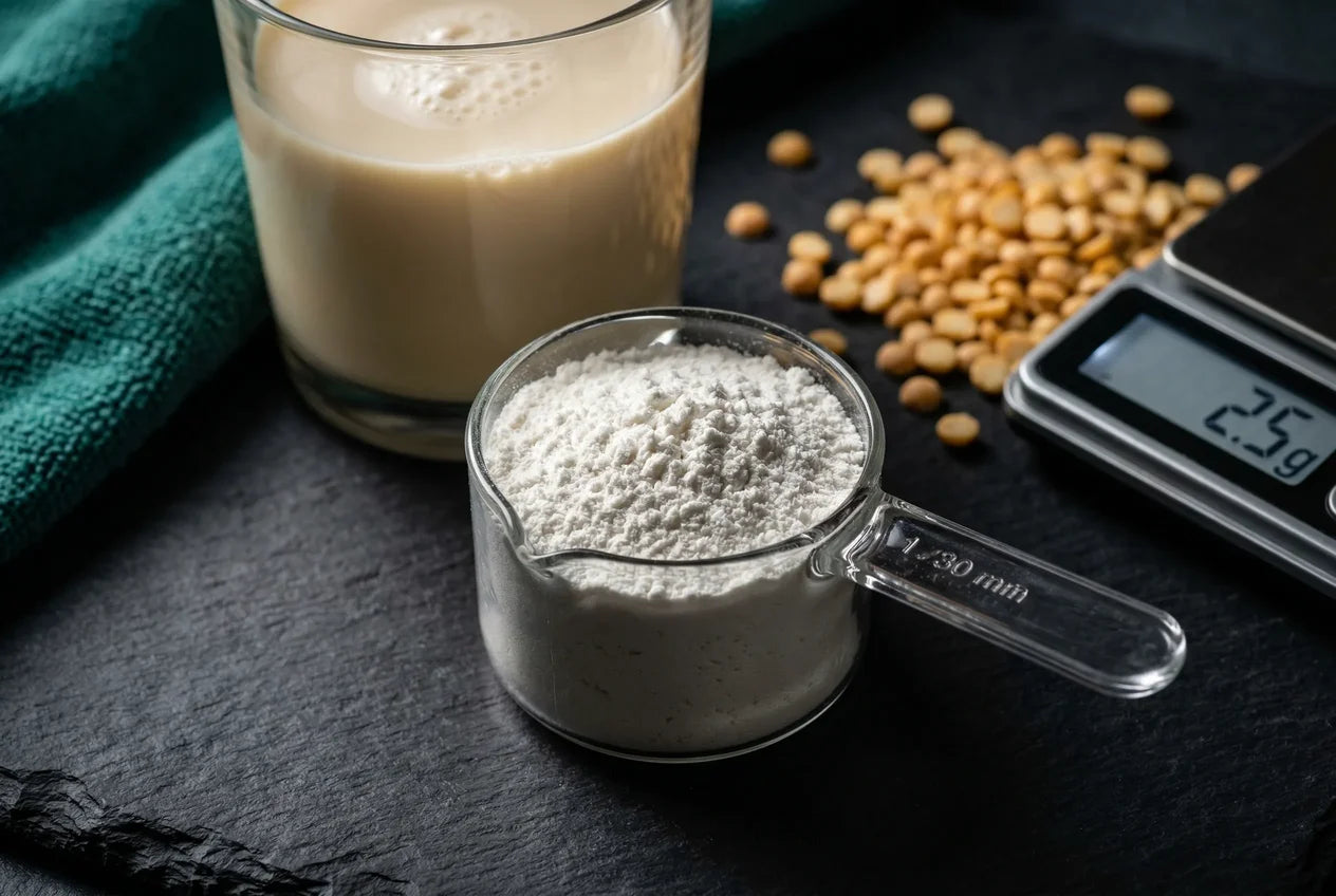 Messlöffel mit weißem Leucin-Pulver auf dunkler Schieferplatte, Küchenwaage mit 2,5g Anzeige für den Leucin-Threshold, Proteinshake und gelbe Erbsen im Hintergrund