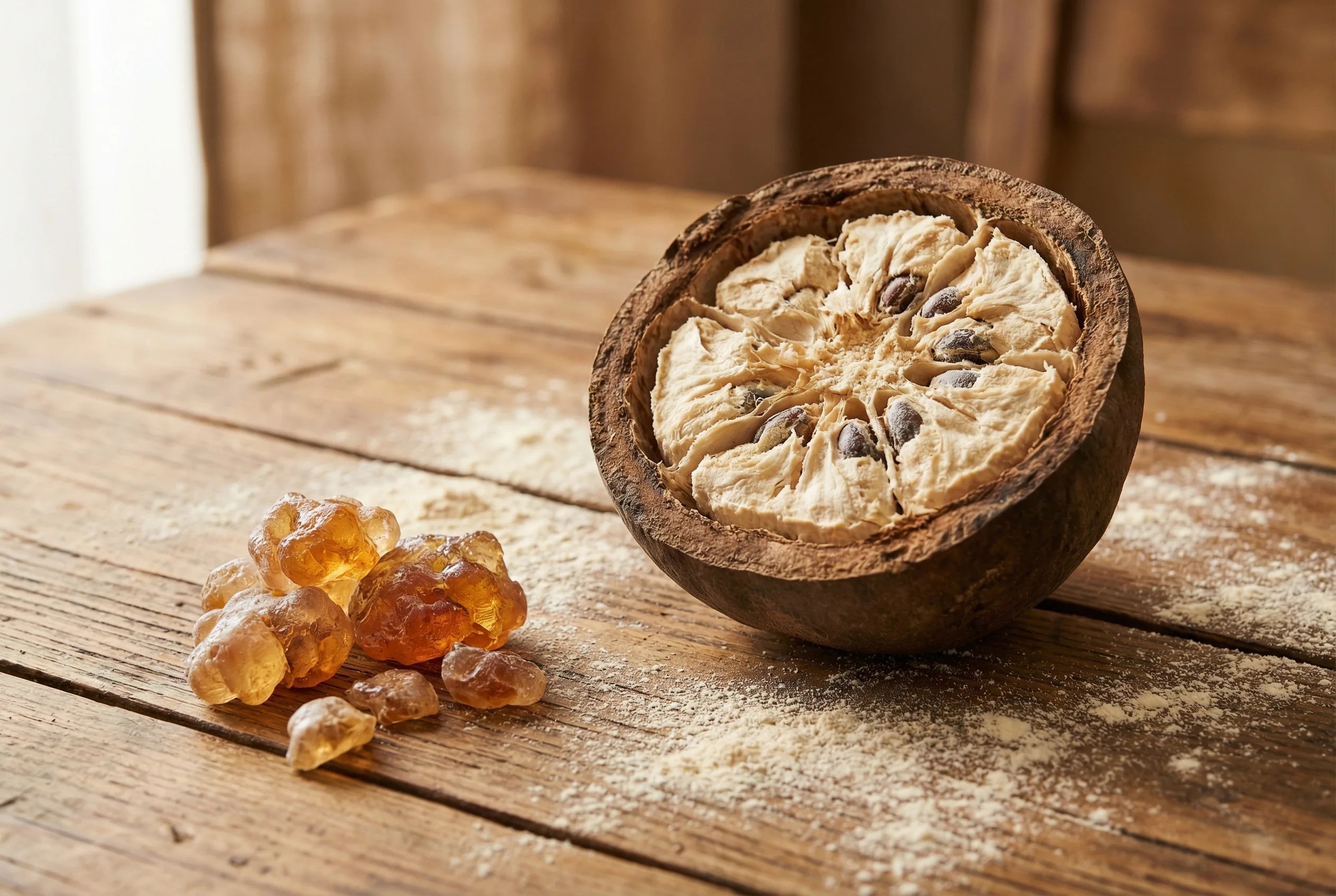 Baobab-Frucht und Akazienharz als natürliche Quellen löslicher Ballaststoffe