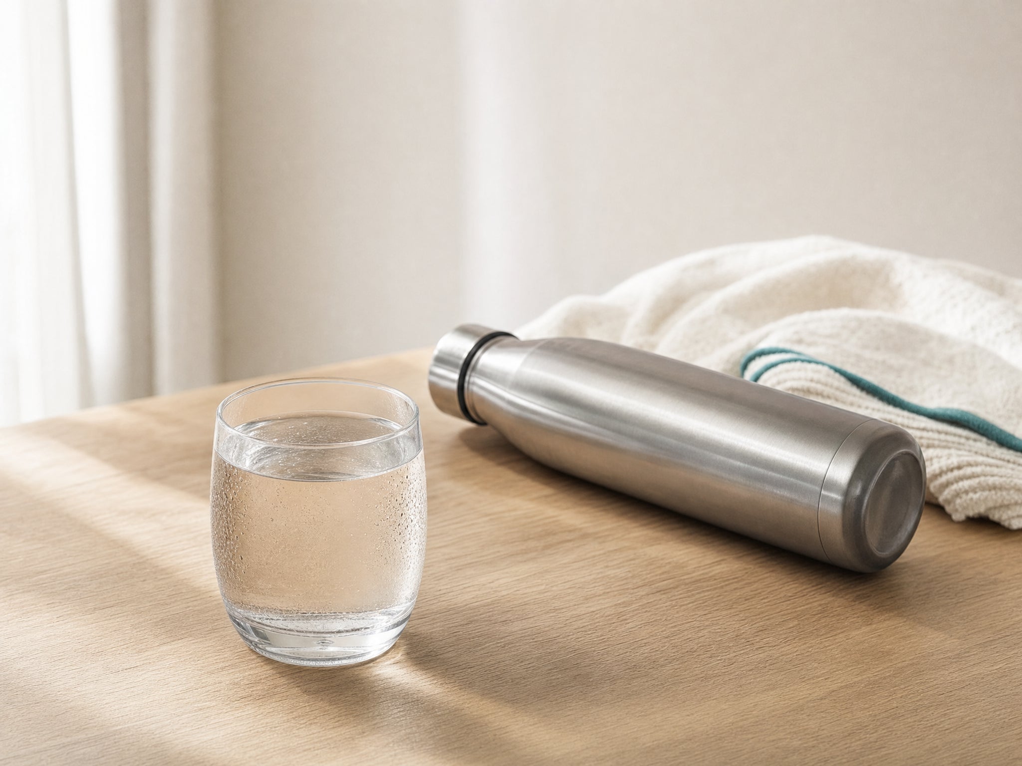 Trinkflasche und Wasserglas auf heller Holzfläche, dahinter ein gefaltetes Handtuch mit türkisem Rand.