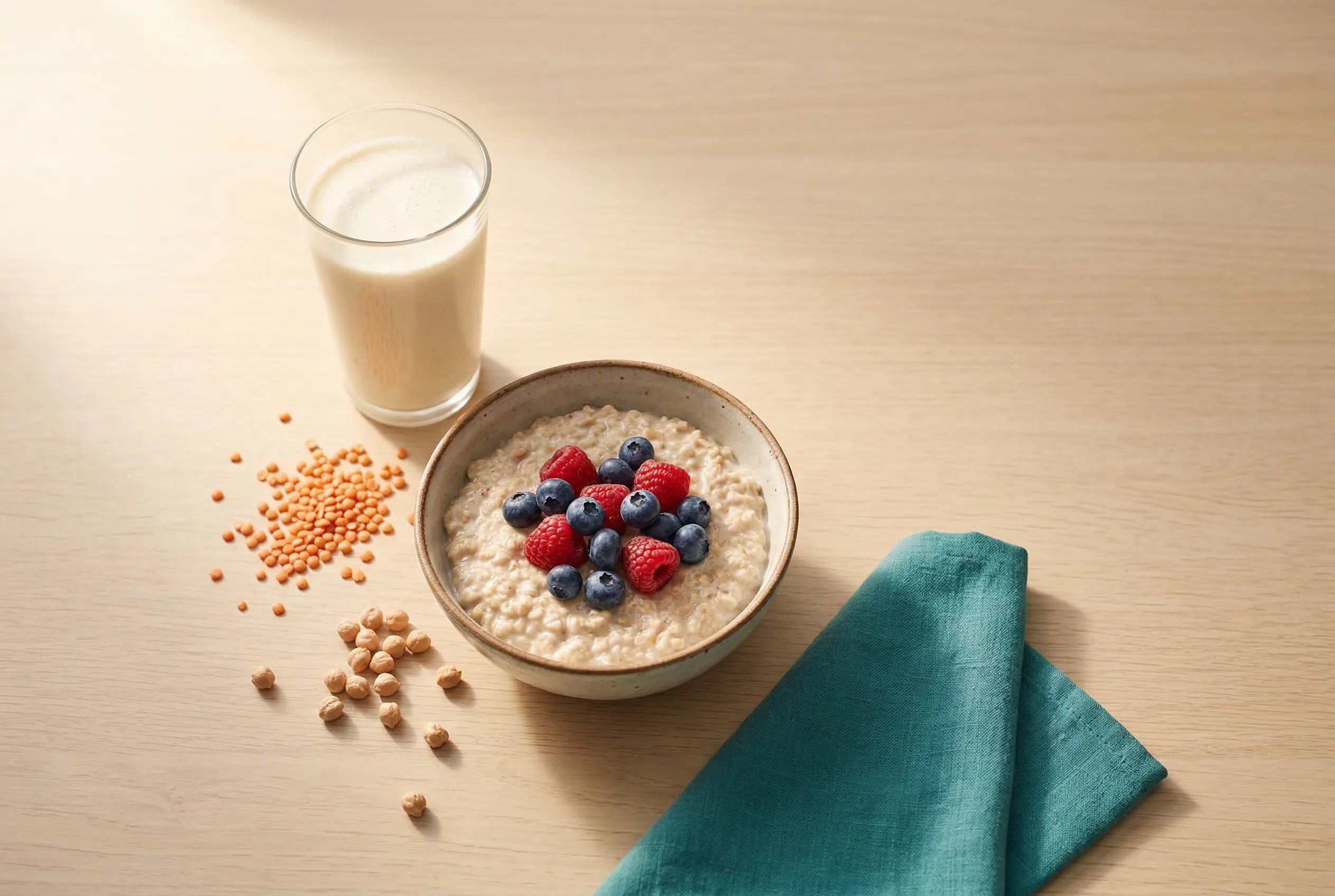 Schüssel mit Haferflocken, Beeren und Hülsenfrüchten auf einem Holztisch, warmes Licht