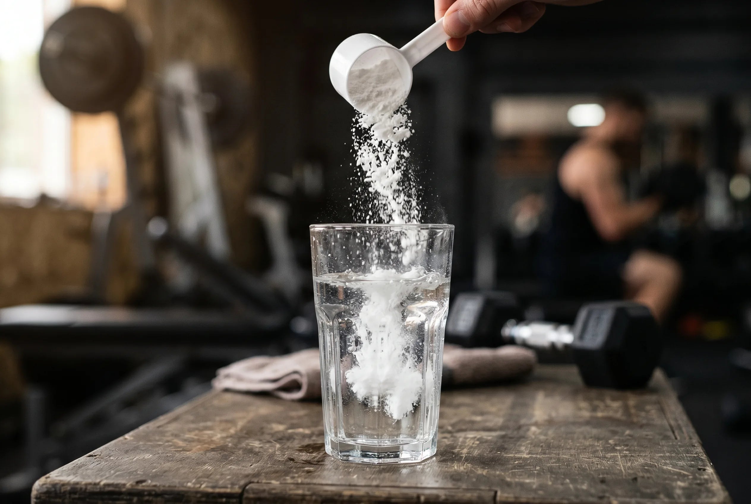 Weißes Kreatin-Monohydrat-Pulver auf dunklem Schiefer mit grünen Pflanzenelementen, sauberes Produktfoto im SYNTYZE-Stil