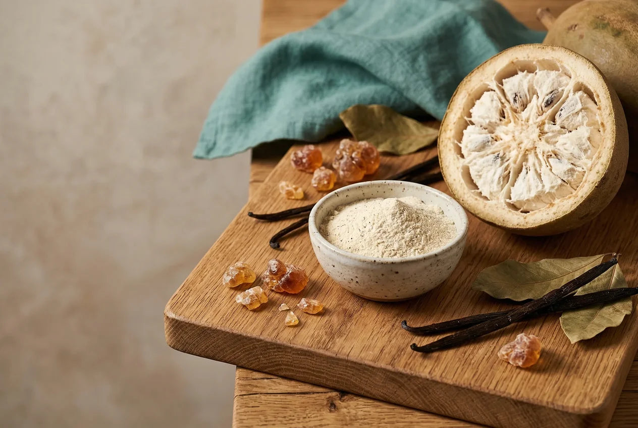 Aufgeschnittene Baobab-Frucht mit weißem Fruchtpulver, Akaziengummi-Stücke und pflanzliches Proteinpulver in Keramikschale auf Holzbrett, Vanilleschoten daneben, türkisfarbenes Leinentuch im Hintergrund