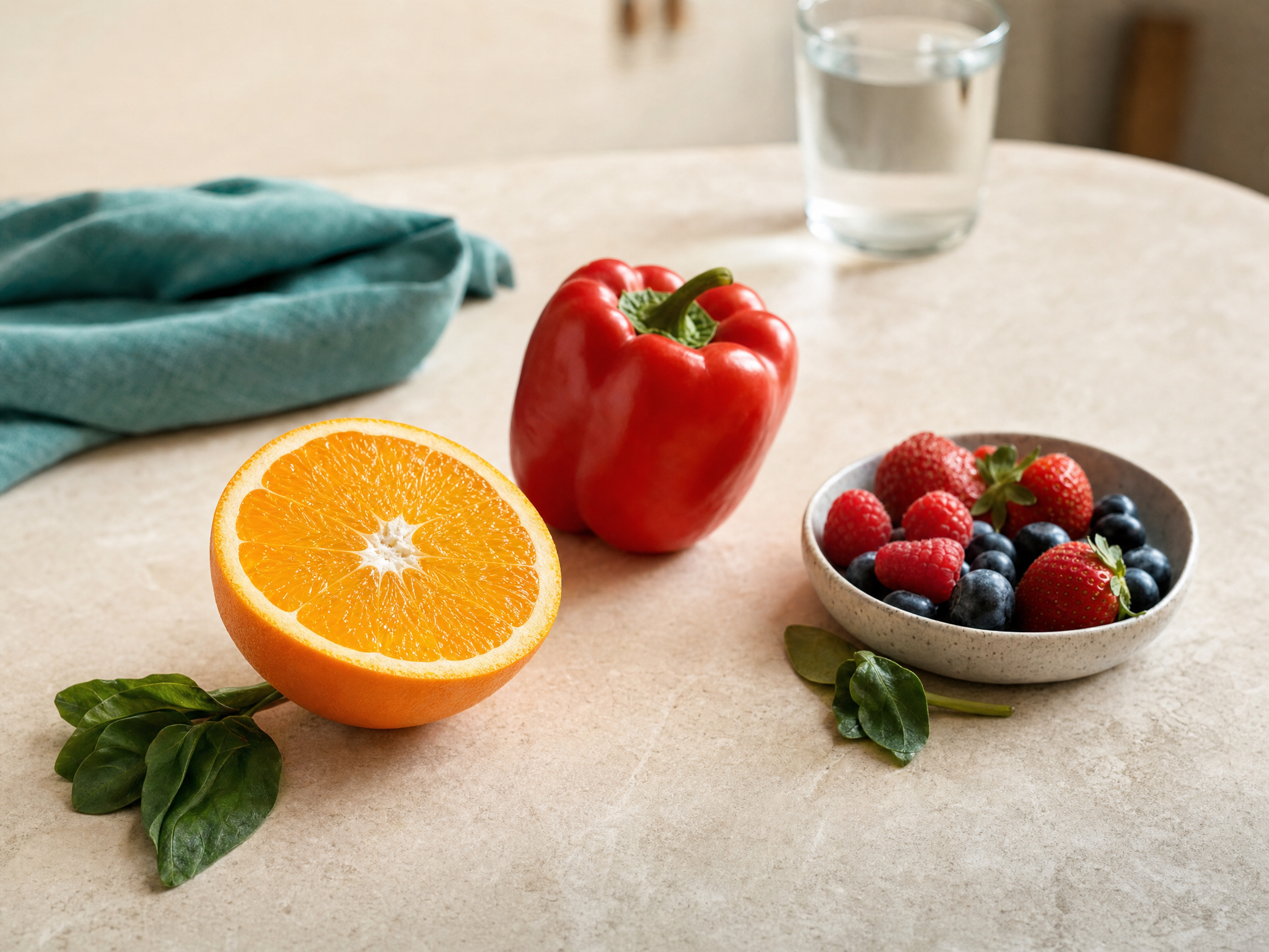 Stillleben aus aufgeschnittener Orange, roter Paprika und Beeren auf heller Steinfläche im weichen Morgenlicht