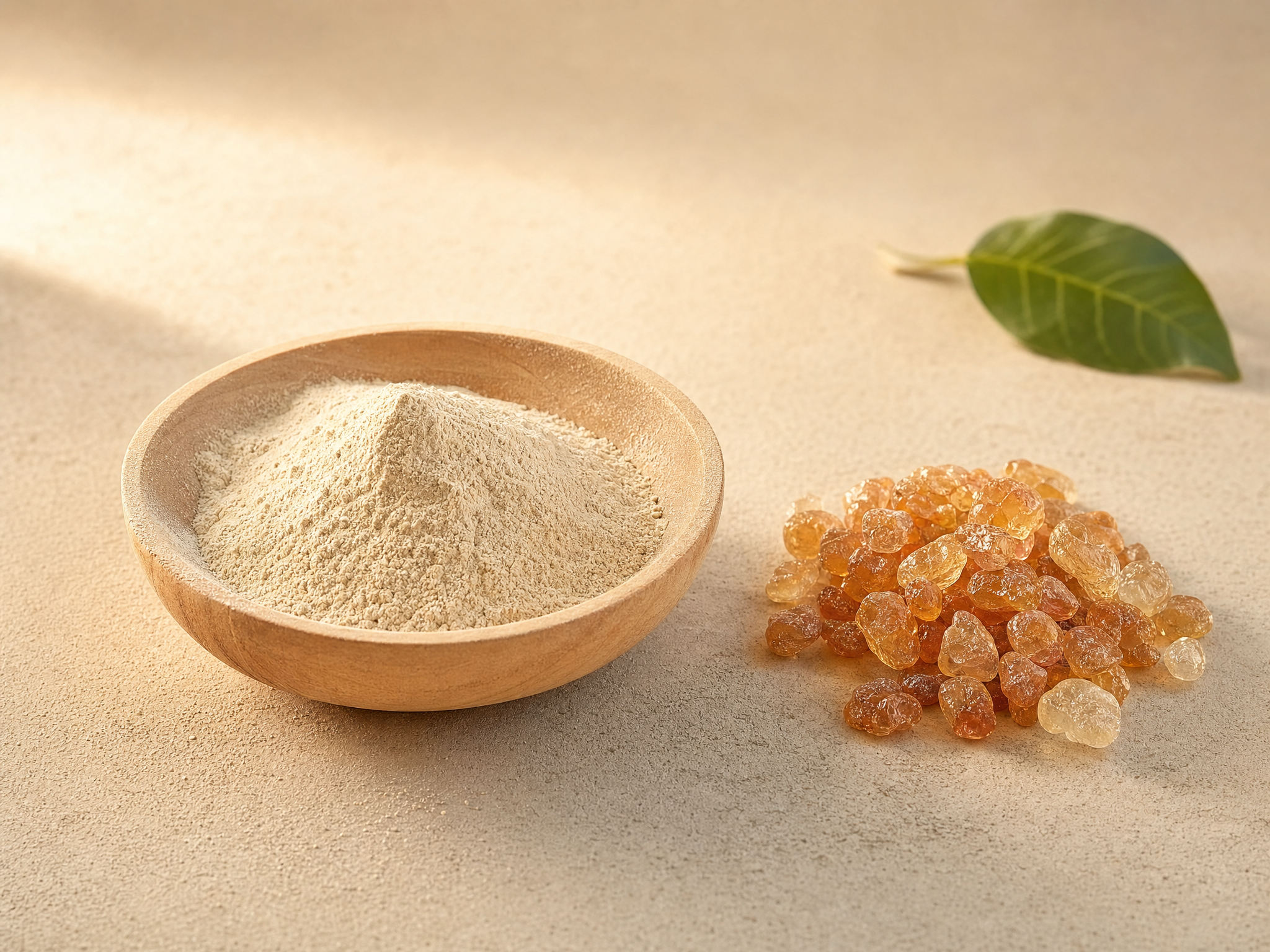 Holzschale mit cremefarbenem Baobab-Fruchtpulver, daneben bernsteinfarbene Akaziengummi-Tropfen auf warm-beigem Untergrund