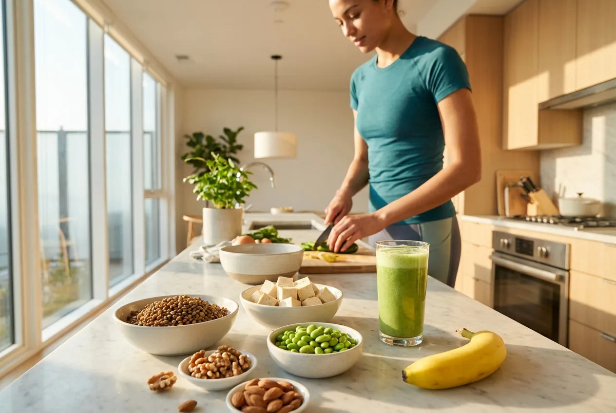 Person bereitet Proteinshake mit Obst in heller Küche vor