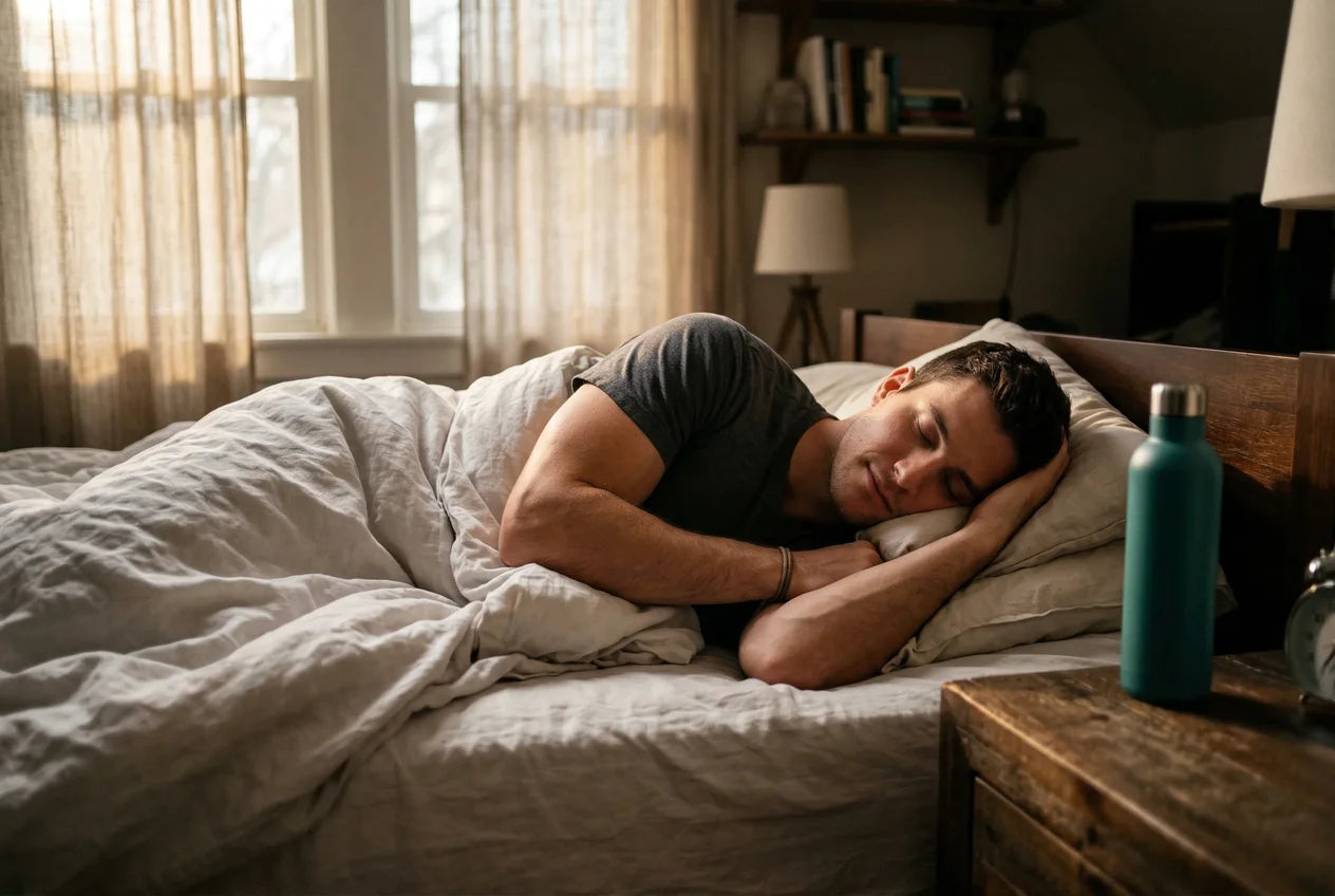 Junger sportlicher Mann schläft entspannt in abgedunkeltem Schlafzimmer, warmes Morgenlicht fällt durch Vorhänge auf weiße Bettwäsche, türkisfarbene Wasserflasche auf dem Nachttisch