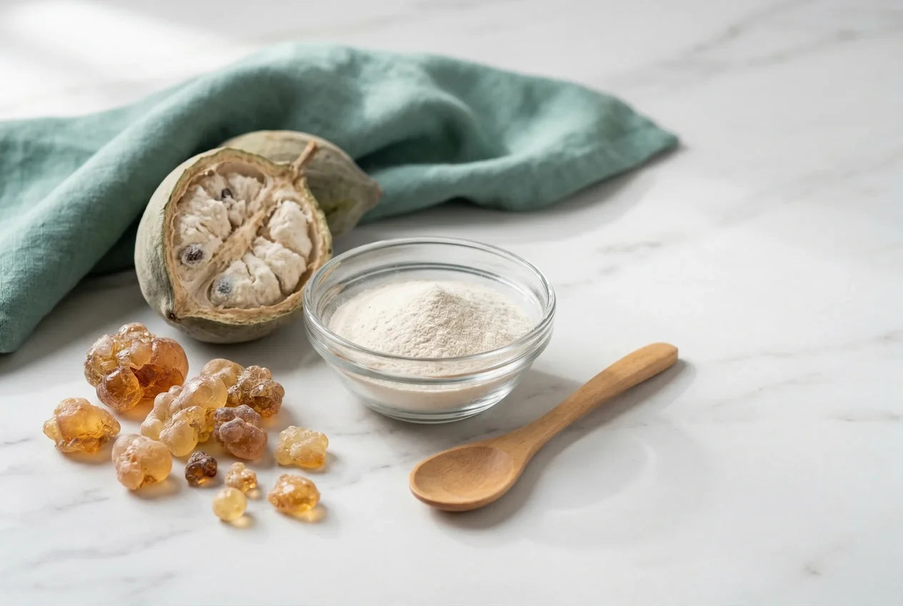 Akaziengummi-Stücke und aufgeschnittene Baobab-Frucht auf Marmorflaeche, Glasschale mit löslichem Ballaststoffpulver in der Mitte, Holzlöffel daneben, türkisfarbenes Leinentuch im Hintergrund