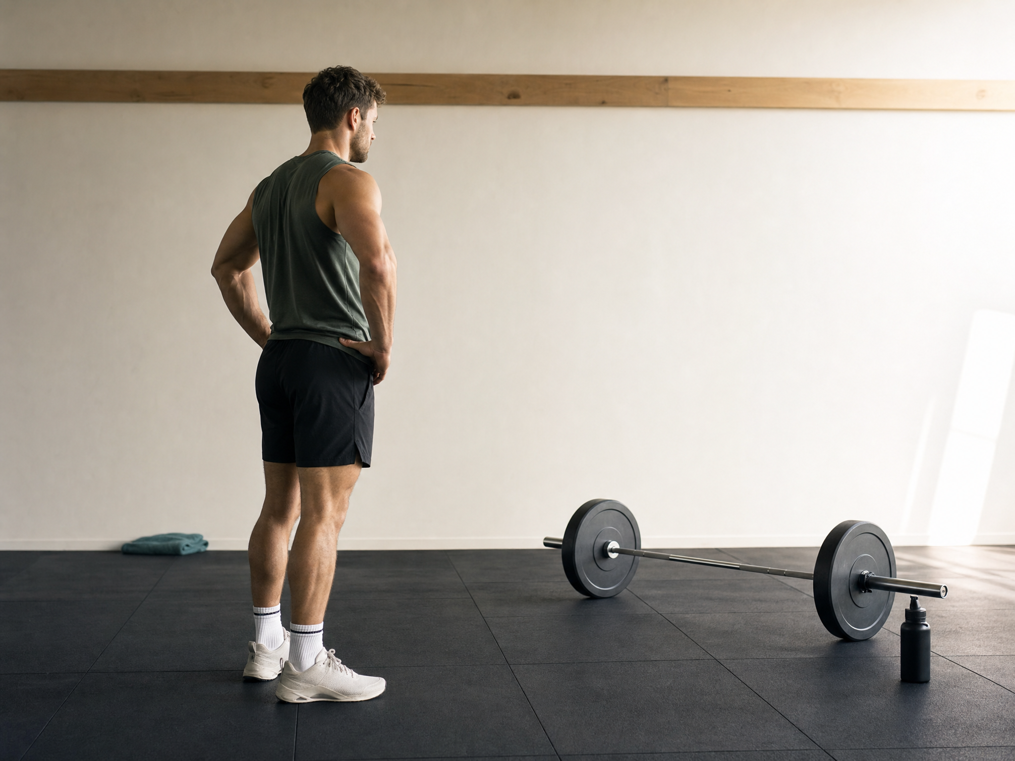 Athletische Person mit Langhantel im hellen Gym-Studio, weiches Tageslicht von der Seite, fokussierte Konzentration vor dem nächsten Satz