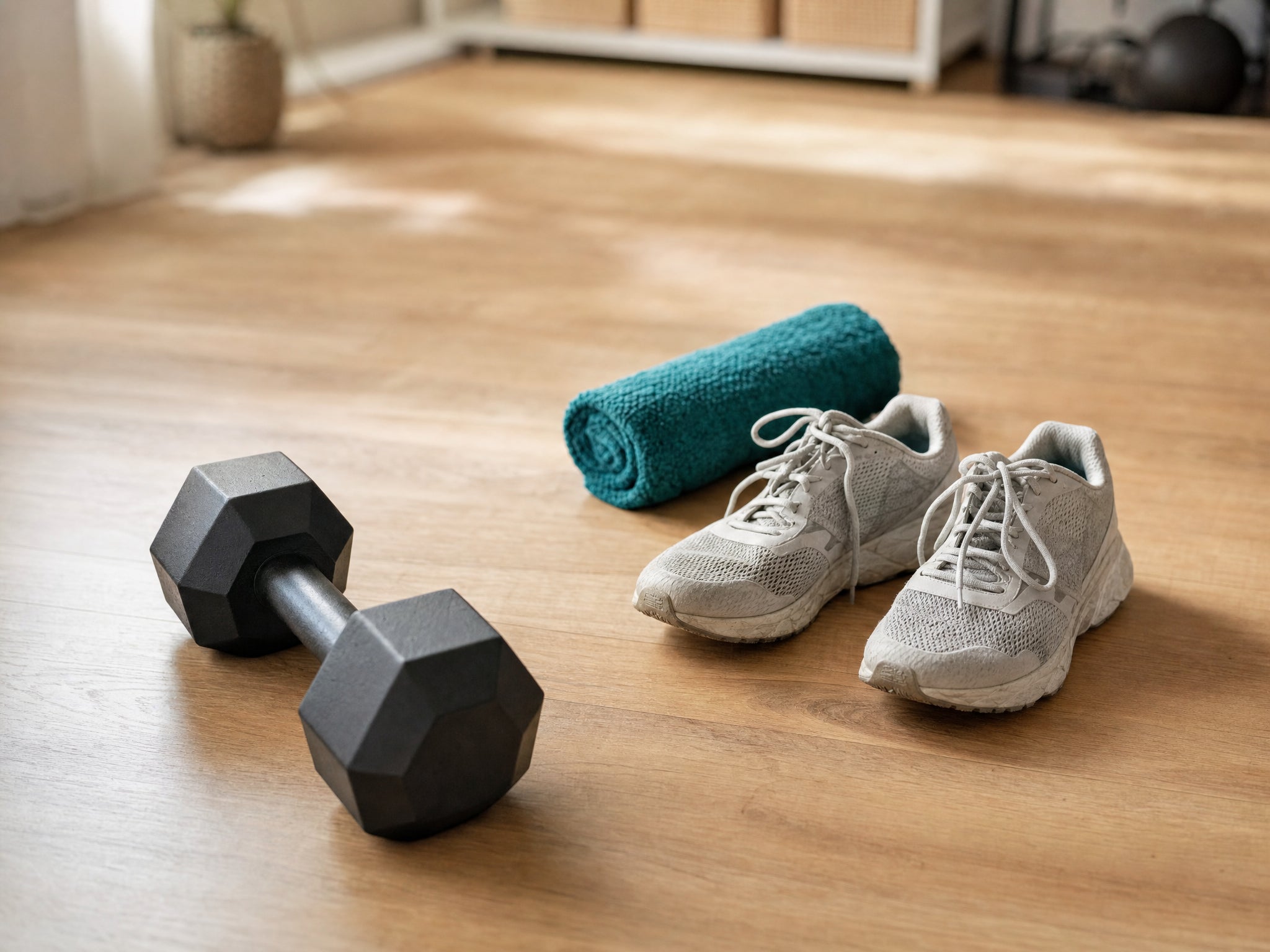 Laufschuhe neben einer Kurzhantel auf hellem Holzboden im Morgenlicht, Sinnbild für Cardio und Krafttraining.
