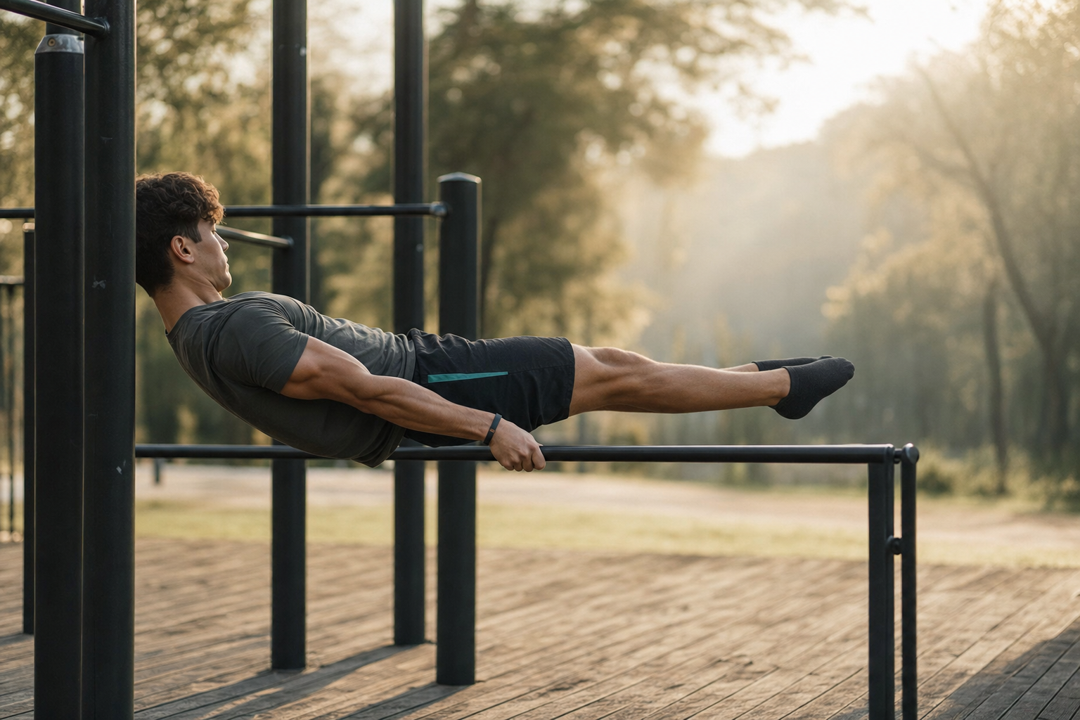 Person an Klimmzugstange mit Front Lever Hold im Park, natürliches Tageslicht, Holzboden im Vordergrund