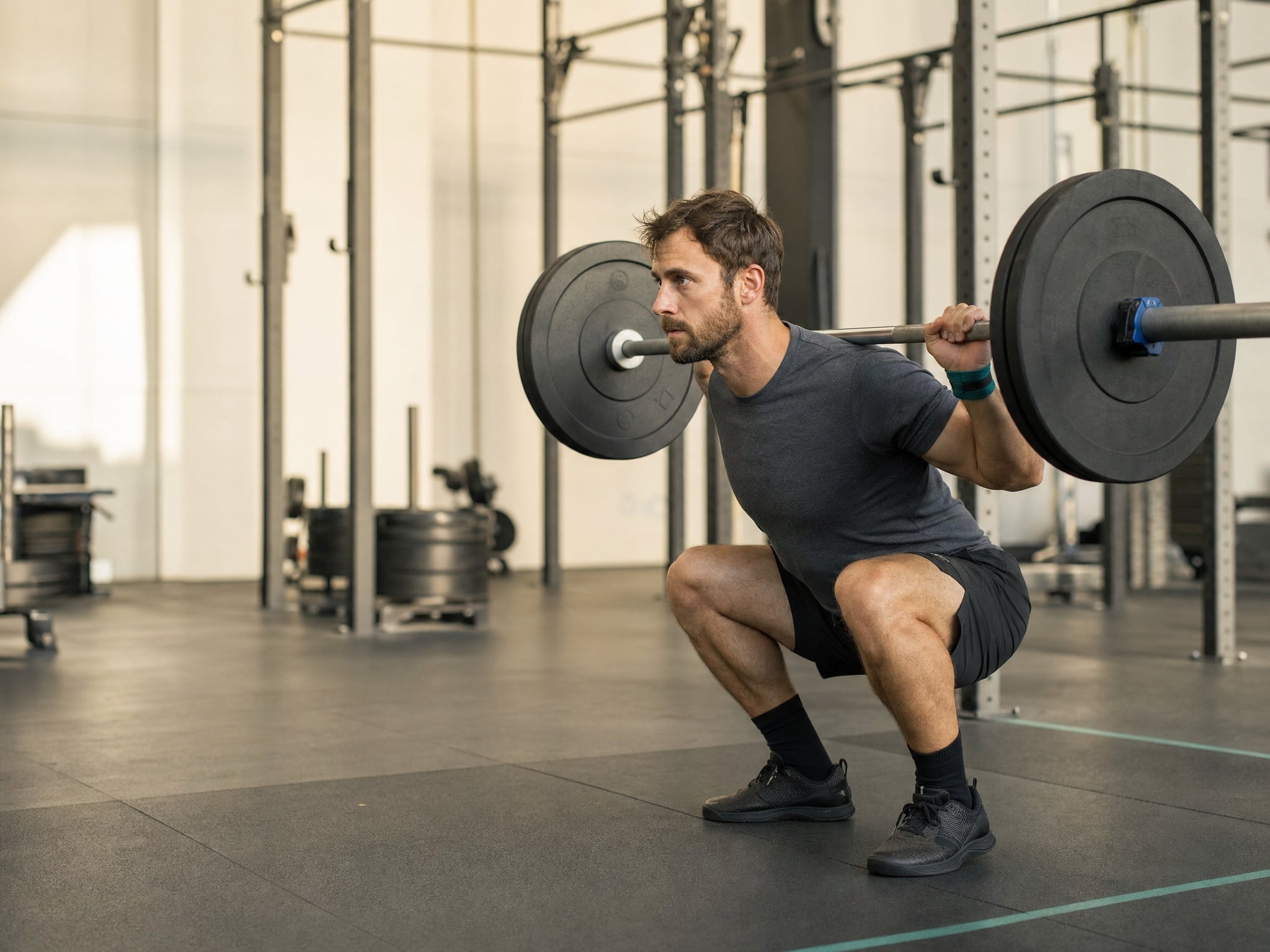 Sportler beim Kniebeugen mit Langhantel in einem hellen, minimalistischen Gym, Gewichtsscheiben im Hintergrund.