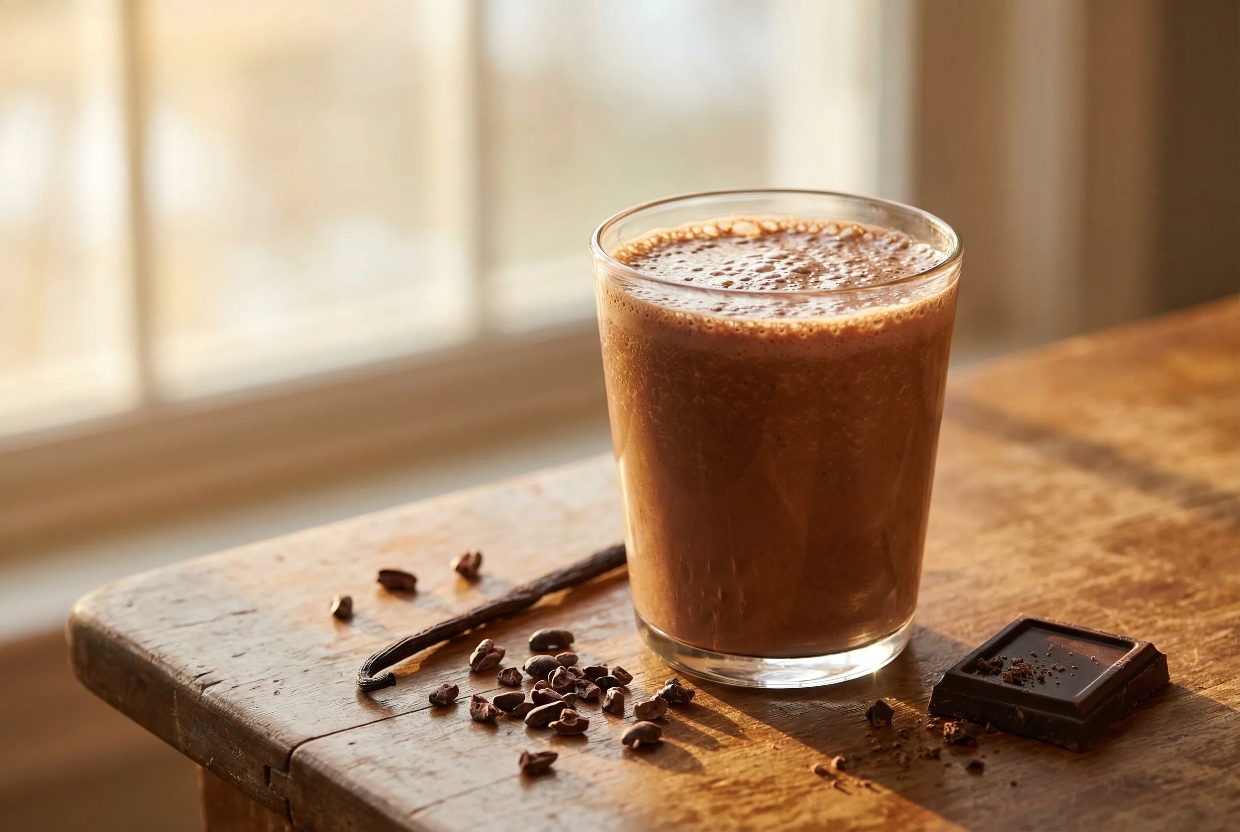 Ein Glas mit einem SYNTYZE Plant Protein Schokoladen Shake