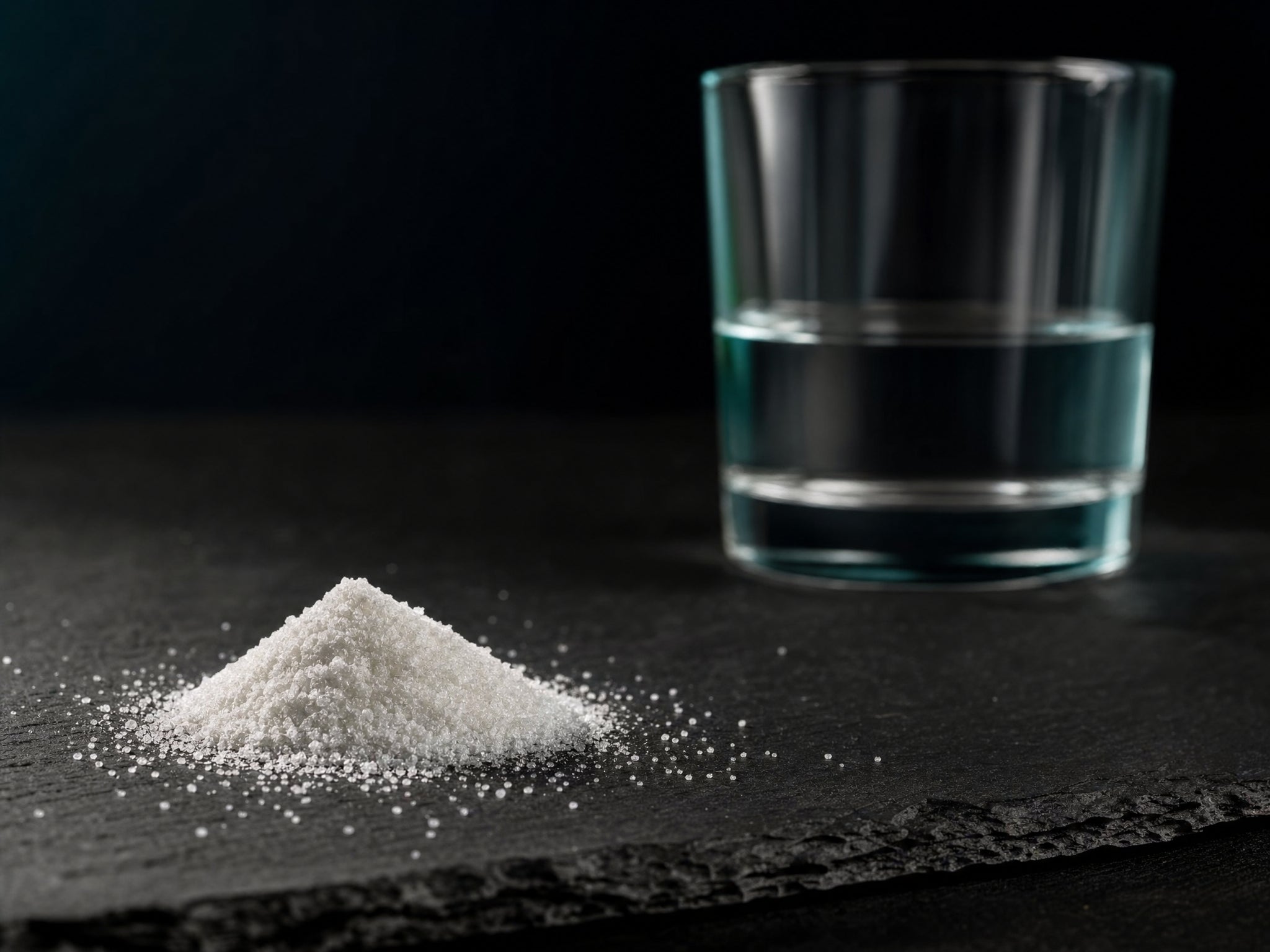 Kleiner Haufen feines weißes Pulver auf dunkler Schieferplatte, daneben ein klares Wasserglas