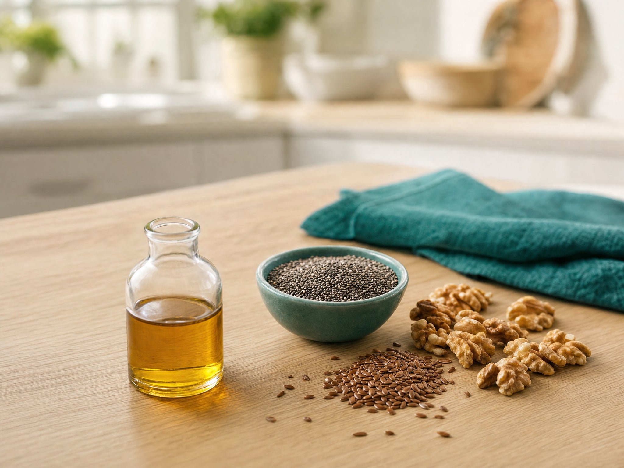 Algenöl, Walnüsse, Chiasamen und Leinsamen auf hellem Holztisch, pflanzliche Omega-3-Quellen für Sportler.
