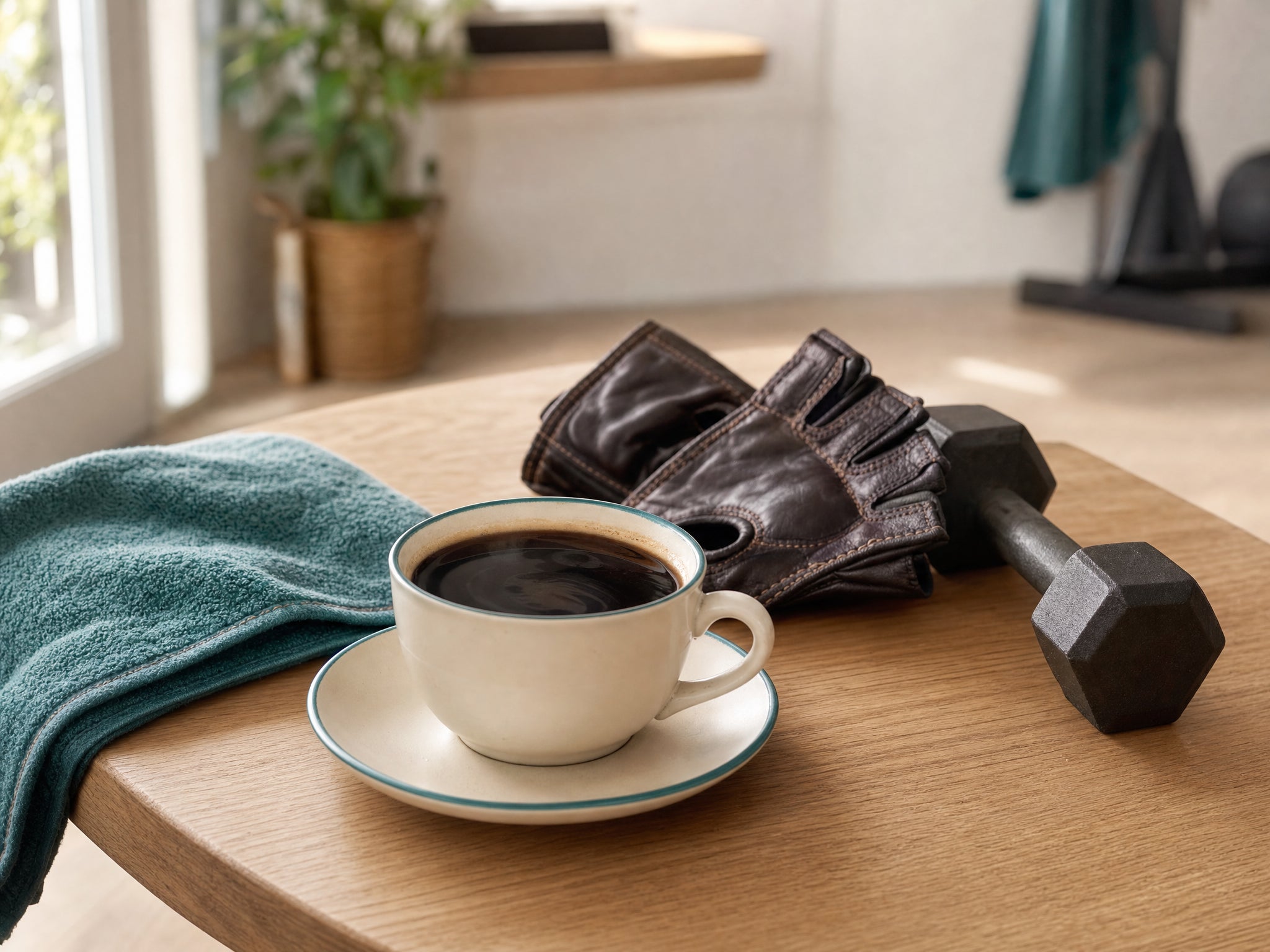 Eine Tasse schwarzer Kaffee neben Trainingshandschuhen und einer Hantel auf einem hellen Holztisch im Morgenlicht.