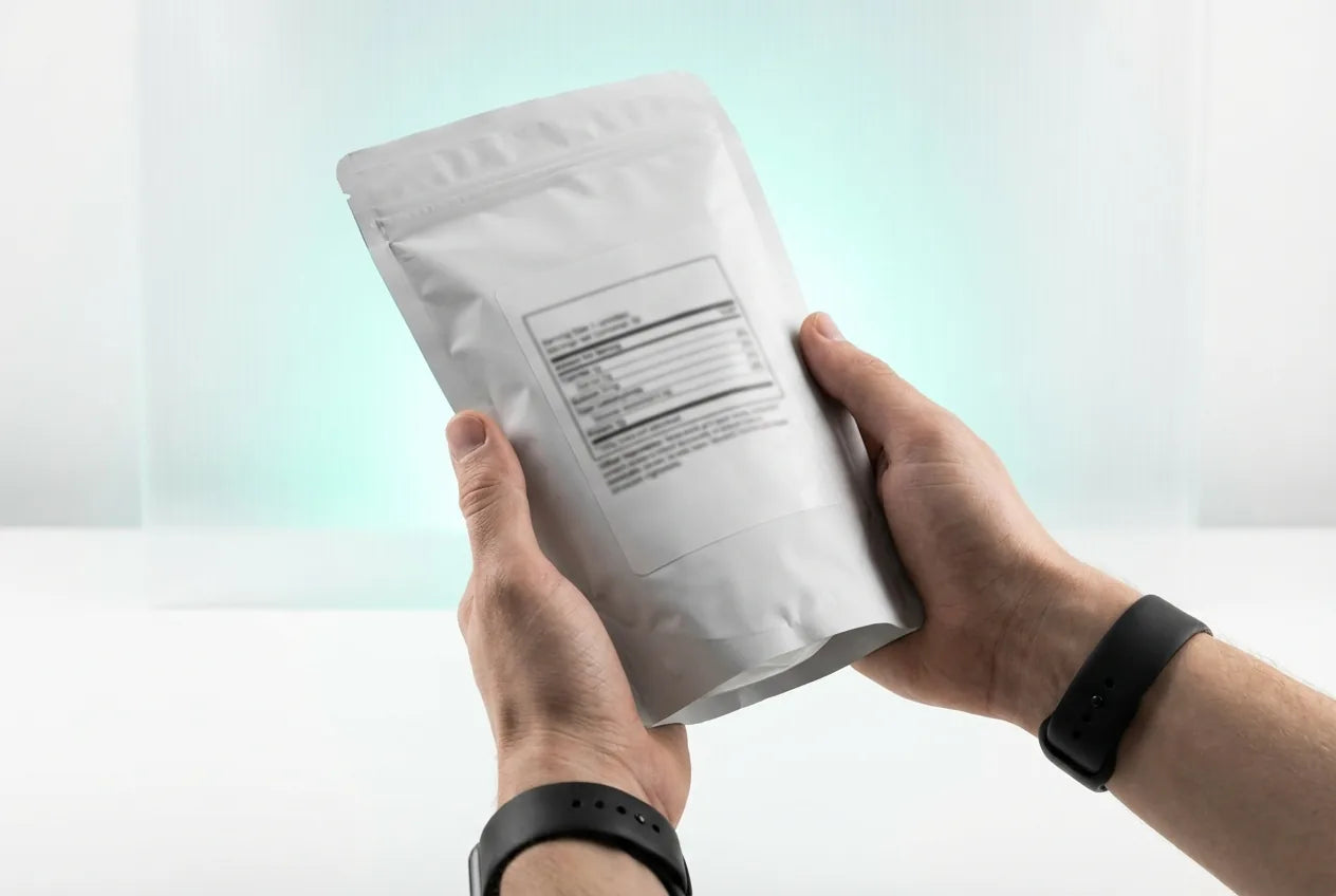 Rückseite einer Proteinpulver-Verpackung mit Zutatenliste und Nährwerttabelle, Nahaufnahme auf weißem Hintergrund