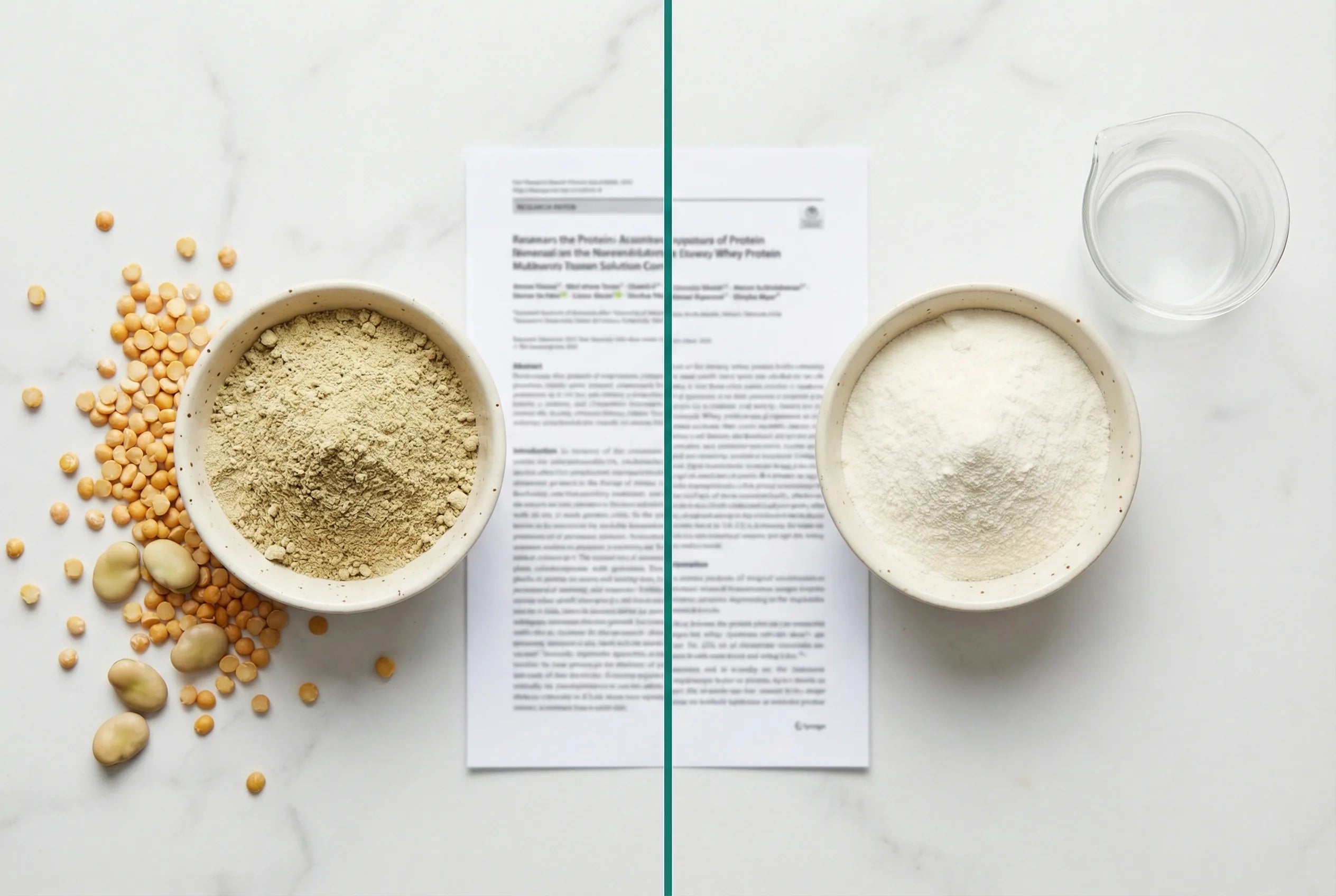 Zwei Schalen mit pflanzlichem Proteinpulver und Whey-Pulver auf weißer Marmoroberflaeche, gelbe Erbsen und Ackerbohnen links, Forschungspapier in der Mitte