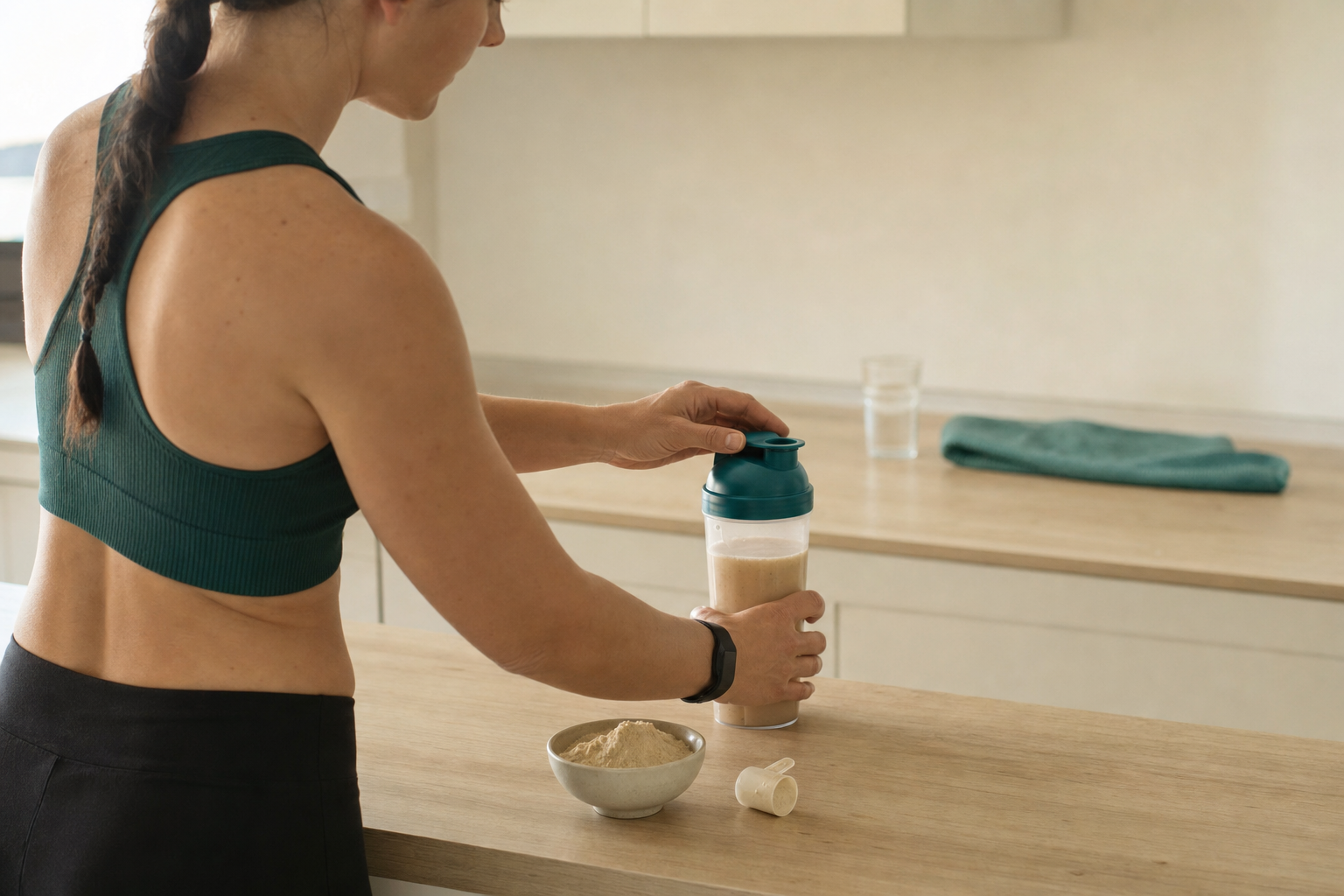 Athletische Person bereitet in heller Küche einen pflanzlichen Proteinshake zu, Fokus auf der abgemessenen Portion im Shaker