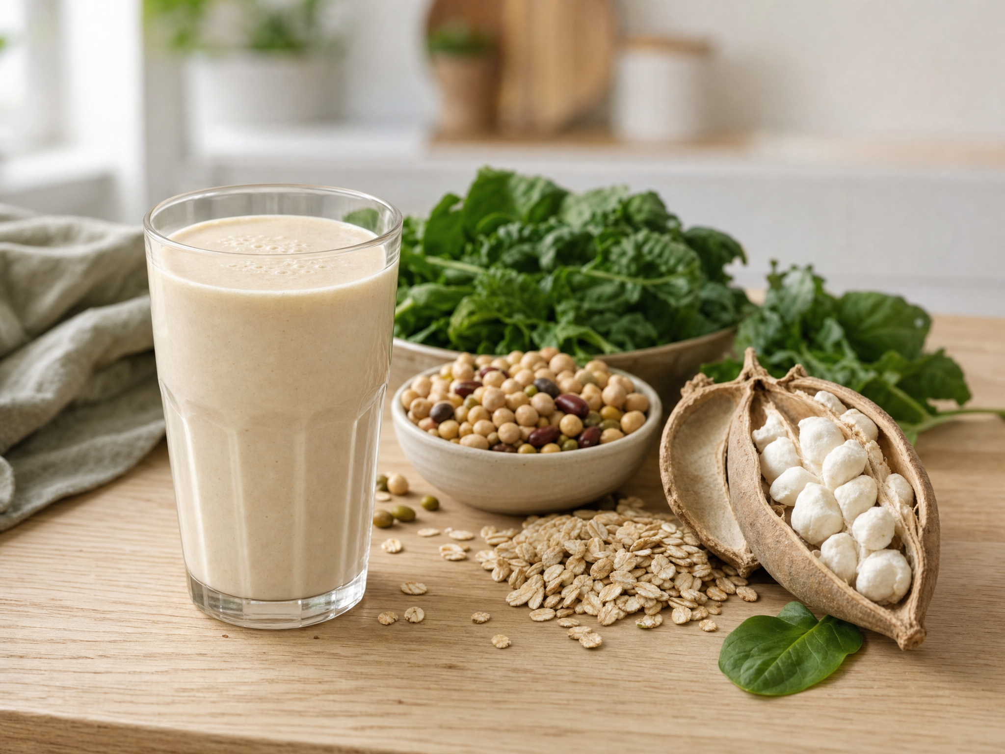 Pflanzlicher Protein-Shake im Glas neben Haferflocken und Hülsenfrüchten auf hellem Holztisch bei weichem Tageslicht