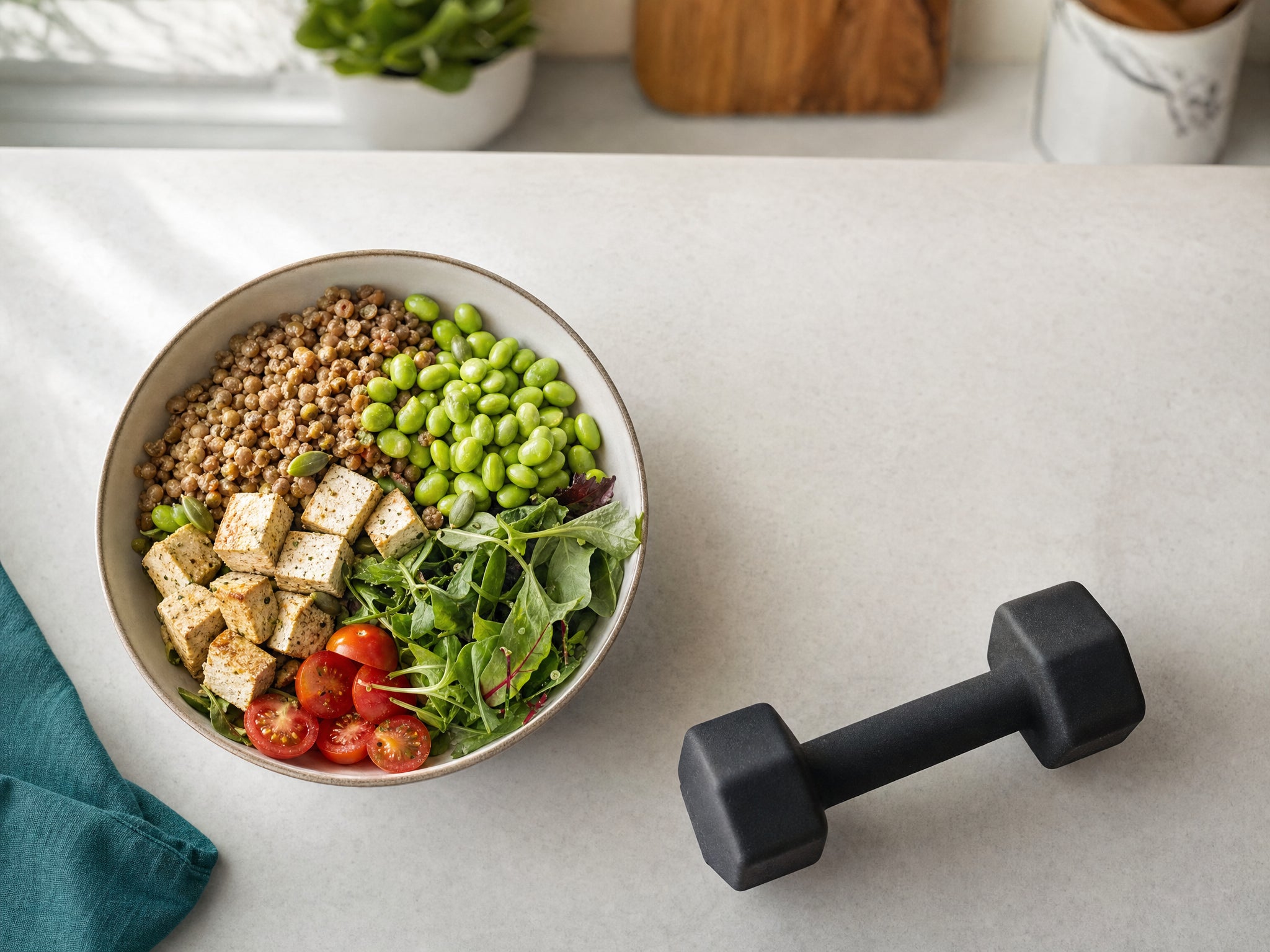 Proteinreiche pflanzliche Mahlzeit mit Hülsenfrüchten und Gemüse neben einer Hantel auf hellem Tisch.