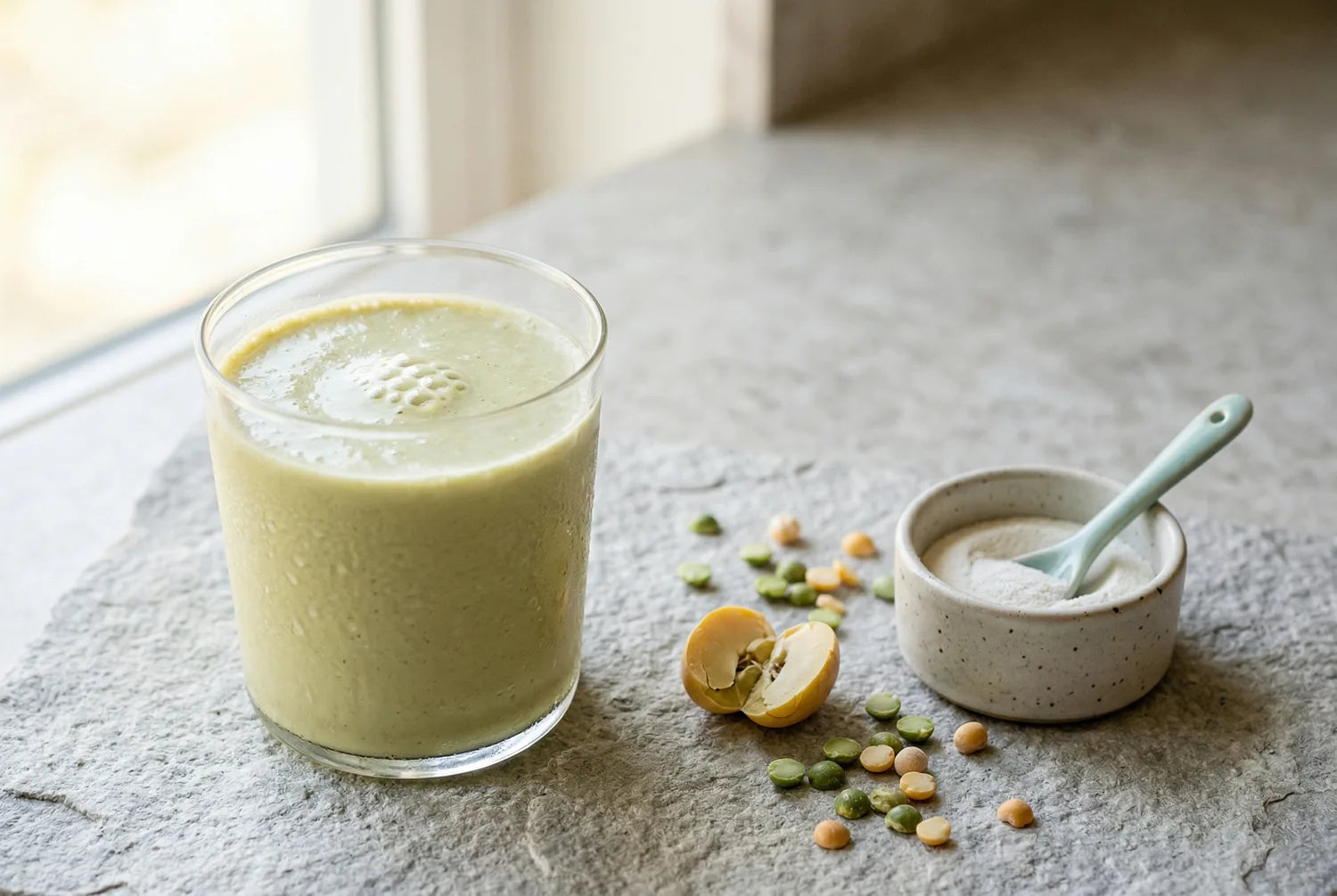 Cremiger pflanzlicher Proteinshake im Glas neben aufgeschnittener gelber Erbse, grünen Erbsen und feinem weißem Enzympulver in einem Keramikschälchen auf hellgrauer Fläche