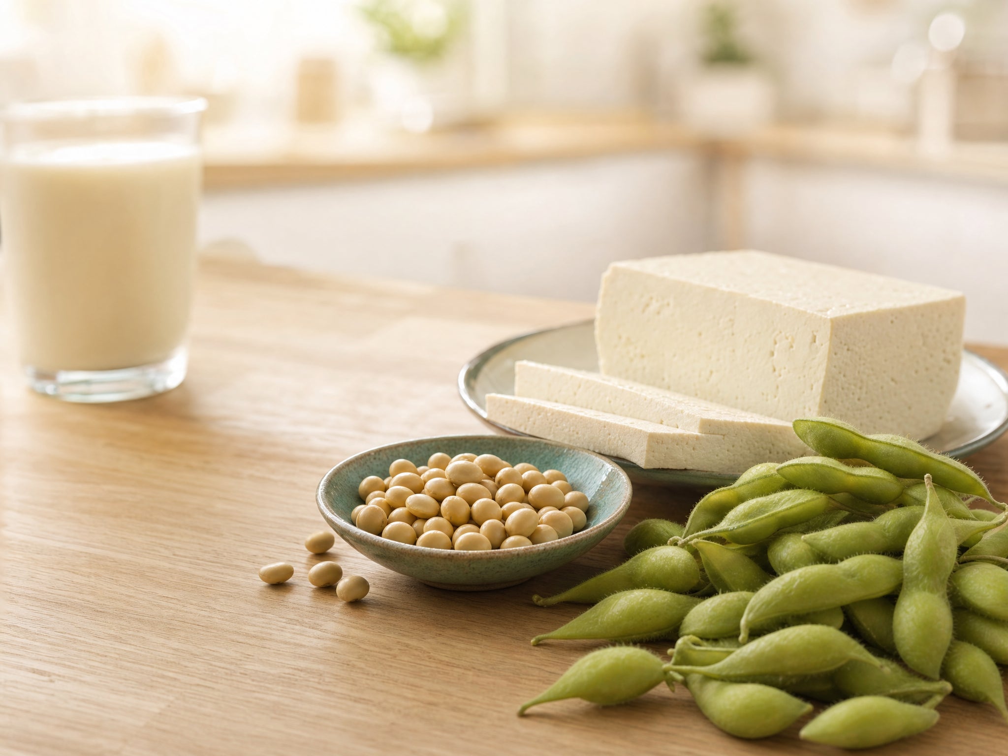 Sojabohnen, Edamame und Tofu auf hellem Holztisch in warmem Tageslicht, daneben ein Glas Sojadrink.