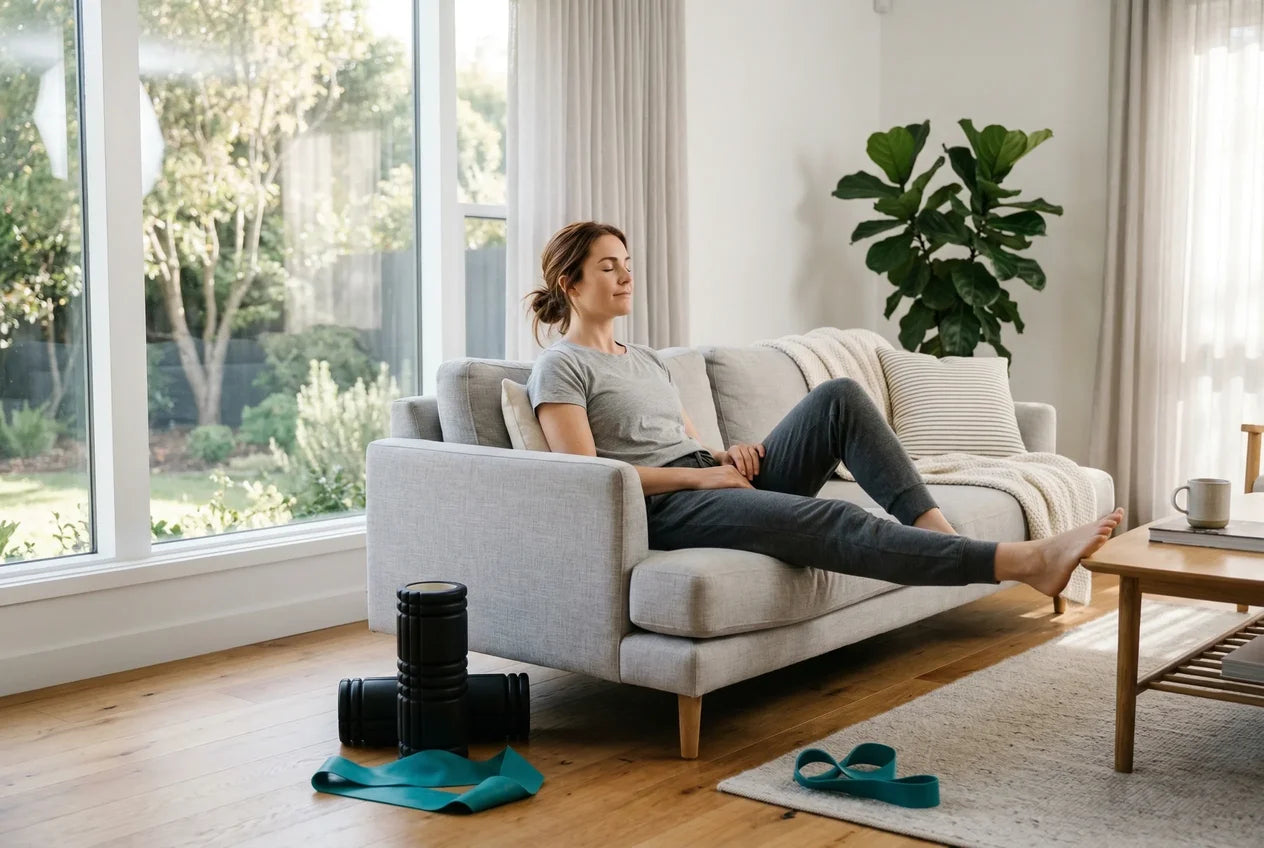 Sportliche Person entspannt mit geschlossenen Augen auf hellem Sofa in minimalistischem Wohnzimmer, Schaumstoffrolle und türkisfarbenes Fitnessband auf dem Boden, Morgenlicht durch große Fenster