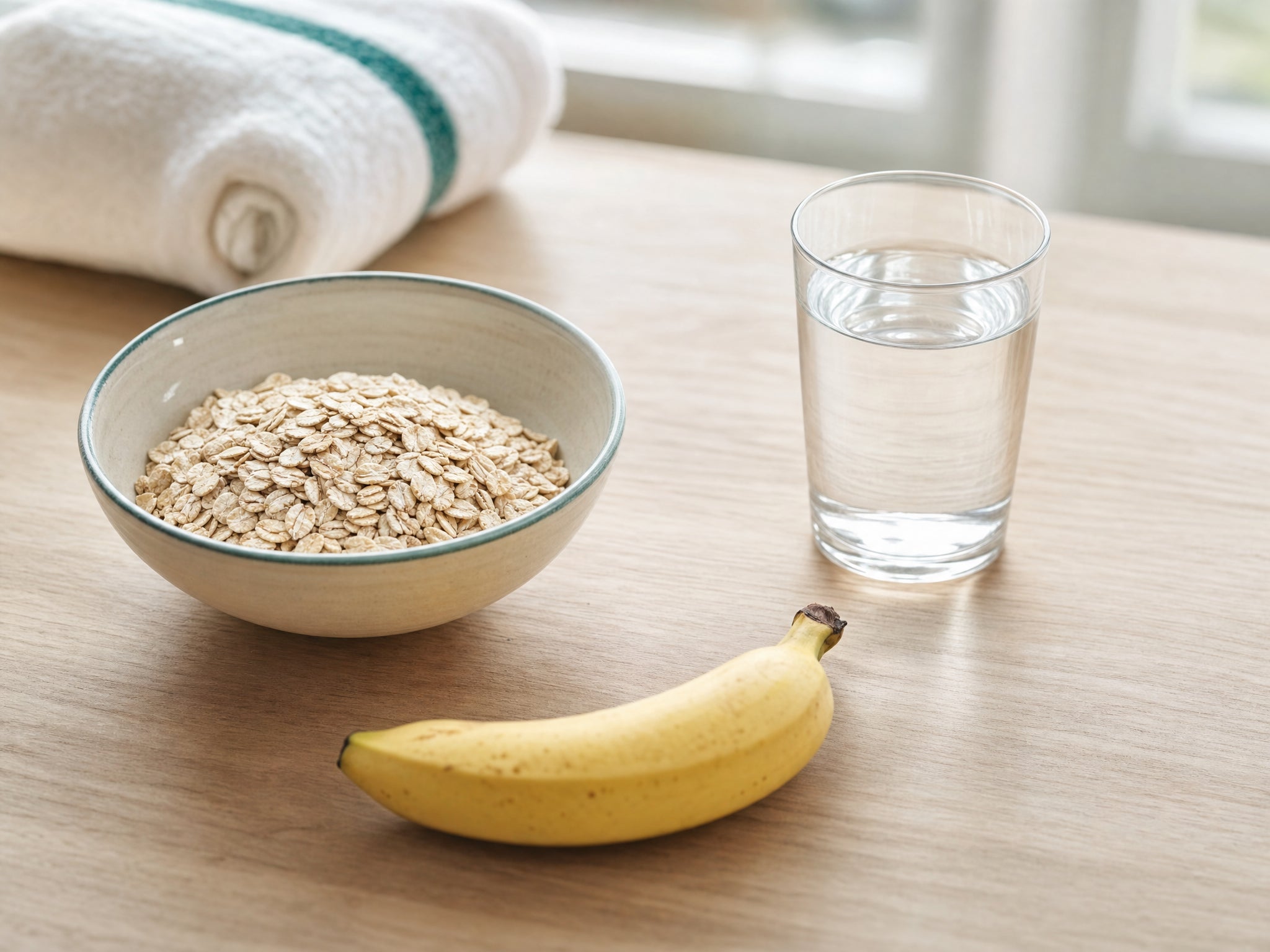 Schale mit Haferflocken, eine Banane und ein Glas Wasser auf einem hellen Holztisch im Morgenlicht