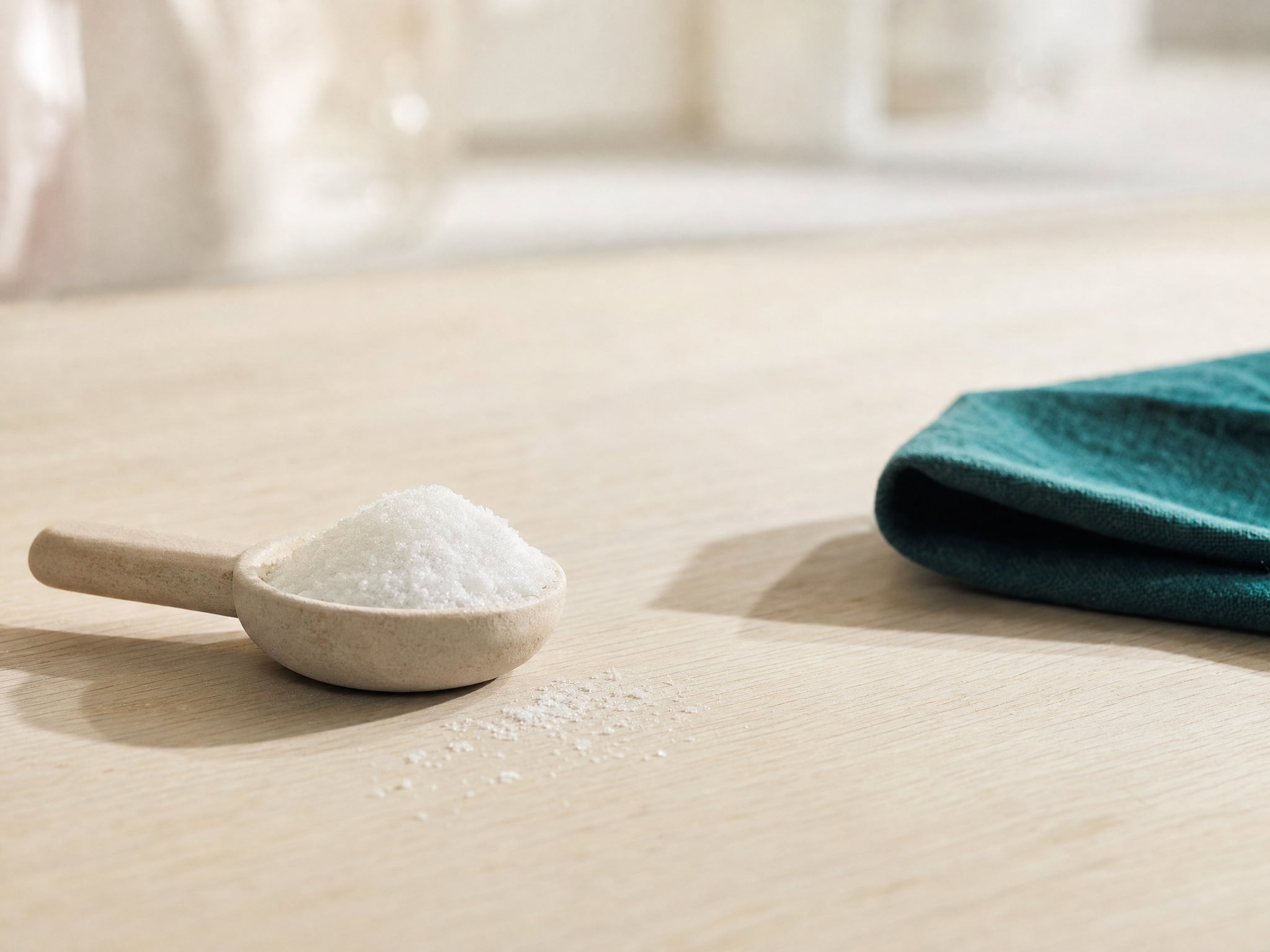 Weißes Glutaminpulver auf einem Löffel, Sinnbild für die Frage nach dem Nutzen isolierter Aminosäure-Supplemente.