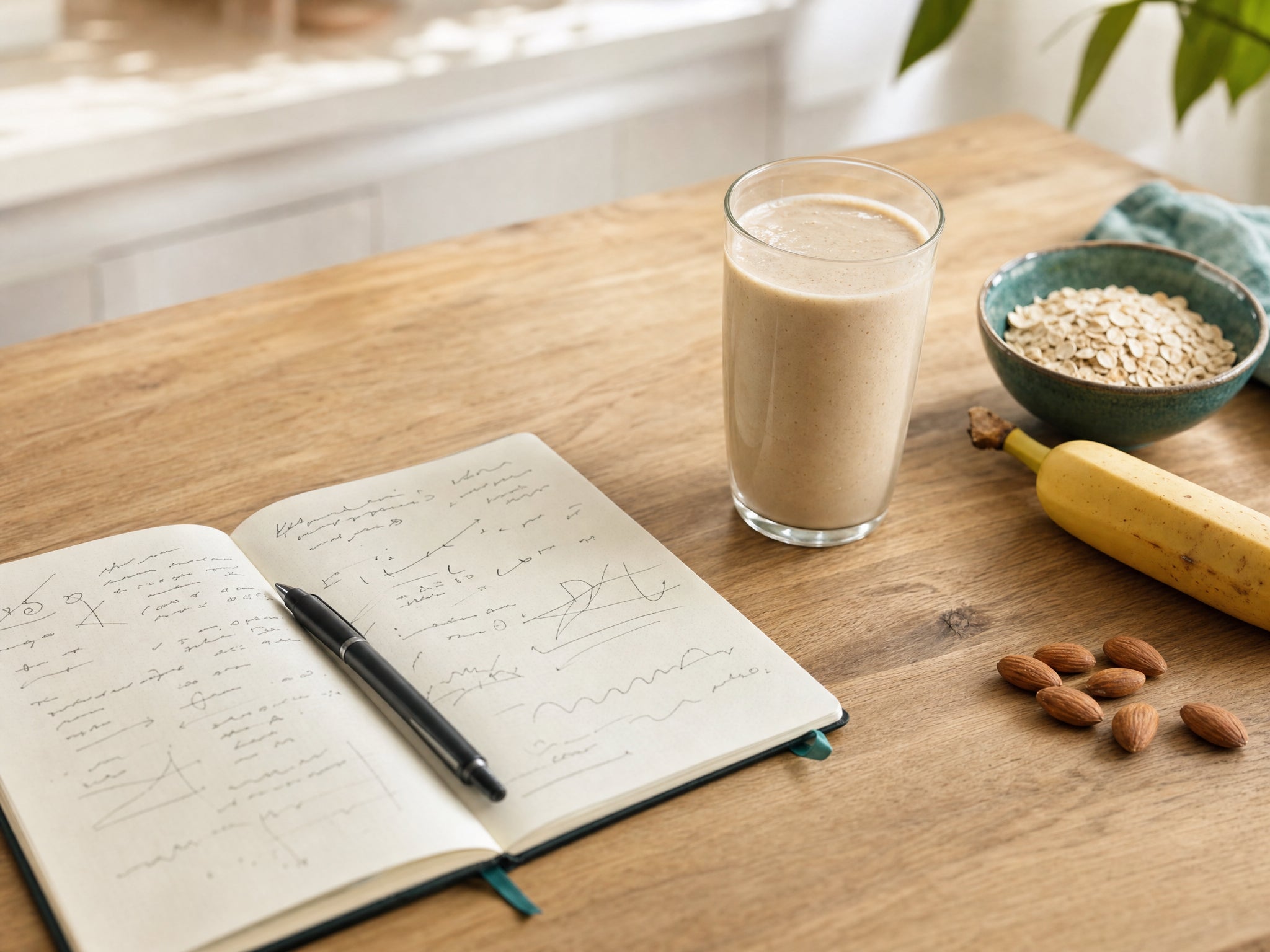 Notizbuch mit handschriftlichen Makro-Berechnungen neben Haferflocken, Banane und einem cremigen Shake auf hellem Holztisch.
