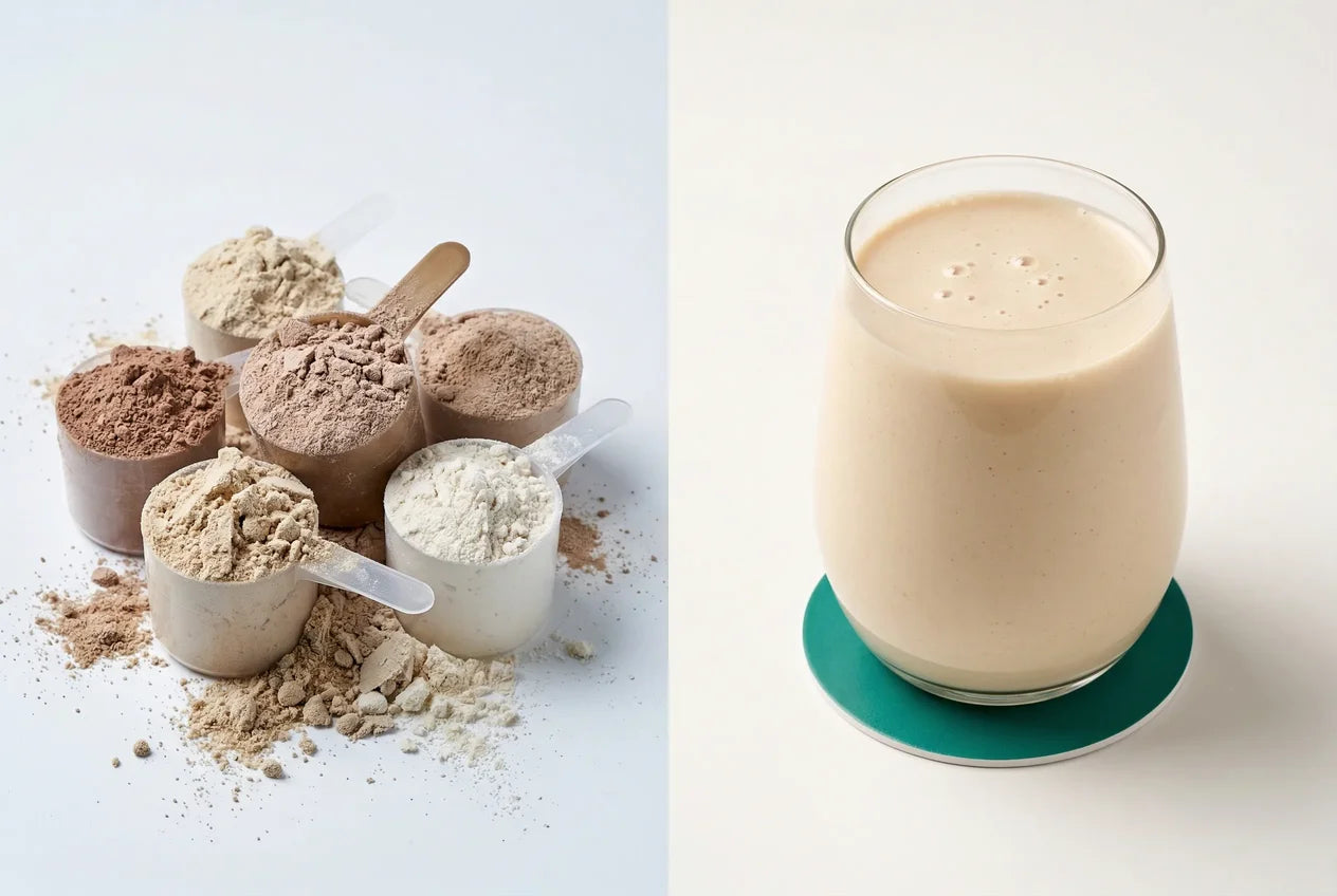 Geteilte Komposition: links unordentlicher Haufen verschiedener Proteinpulver-Scoops in Beige- und Brauntönen, rechts ein sauber gemischter Proteinshake im Glas auf türkisfarbenem Untersetzer