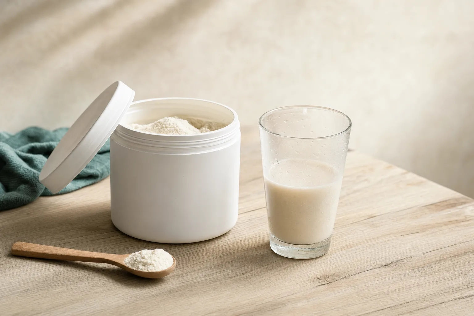 Geöffnete BCAA-Dose neben einem Glas Proteinshake auf einer hellen Holzoberfläche, weiches Tageslicht