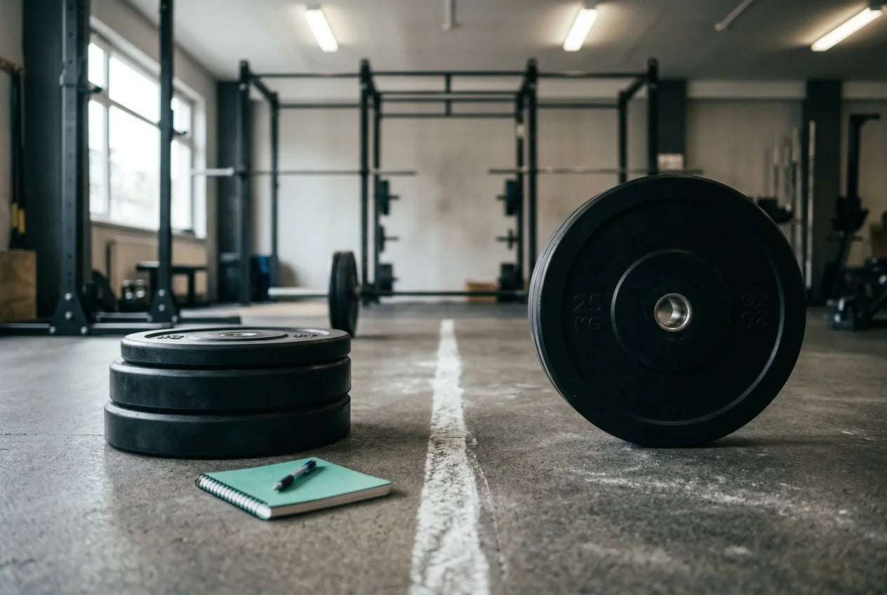 Zwei Hantelscheiben-Stapel auf Betonboden durch eine Kreidelinie getrennt: links mehrere leichte Scheiben, rechts eine schwere Scheibe, Notizbuch mit türkisfarbenem Einband daneben