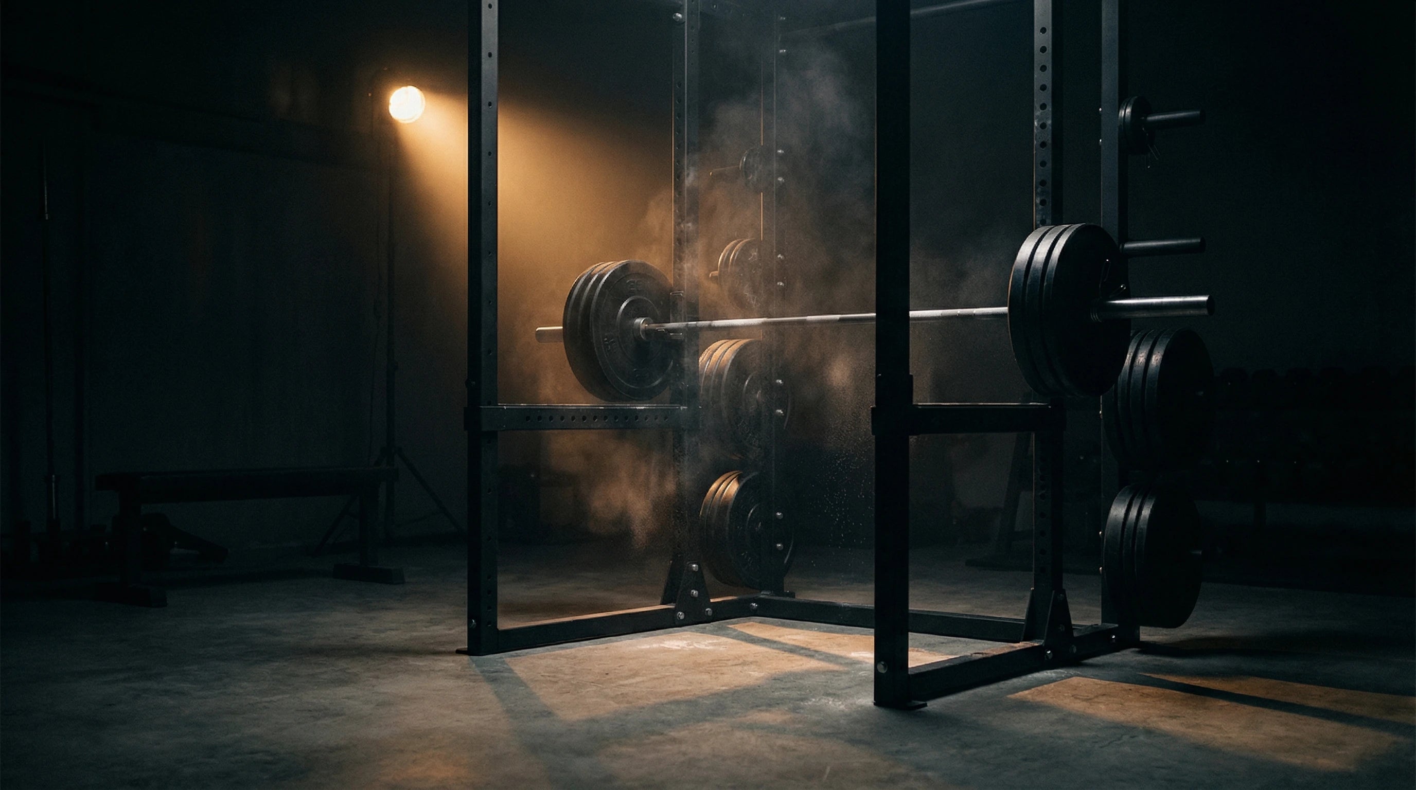 Schwarze Hantelstange auf einem Squat-Rack in einem dunklen Gym – Post-Workout-Setting