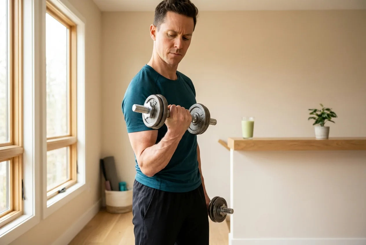 Person beim Bizepscurl mit Kurzhanteln in einem hellen Home-Gym mit natürlichem Licht