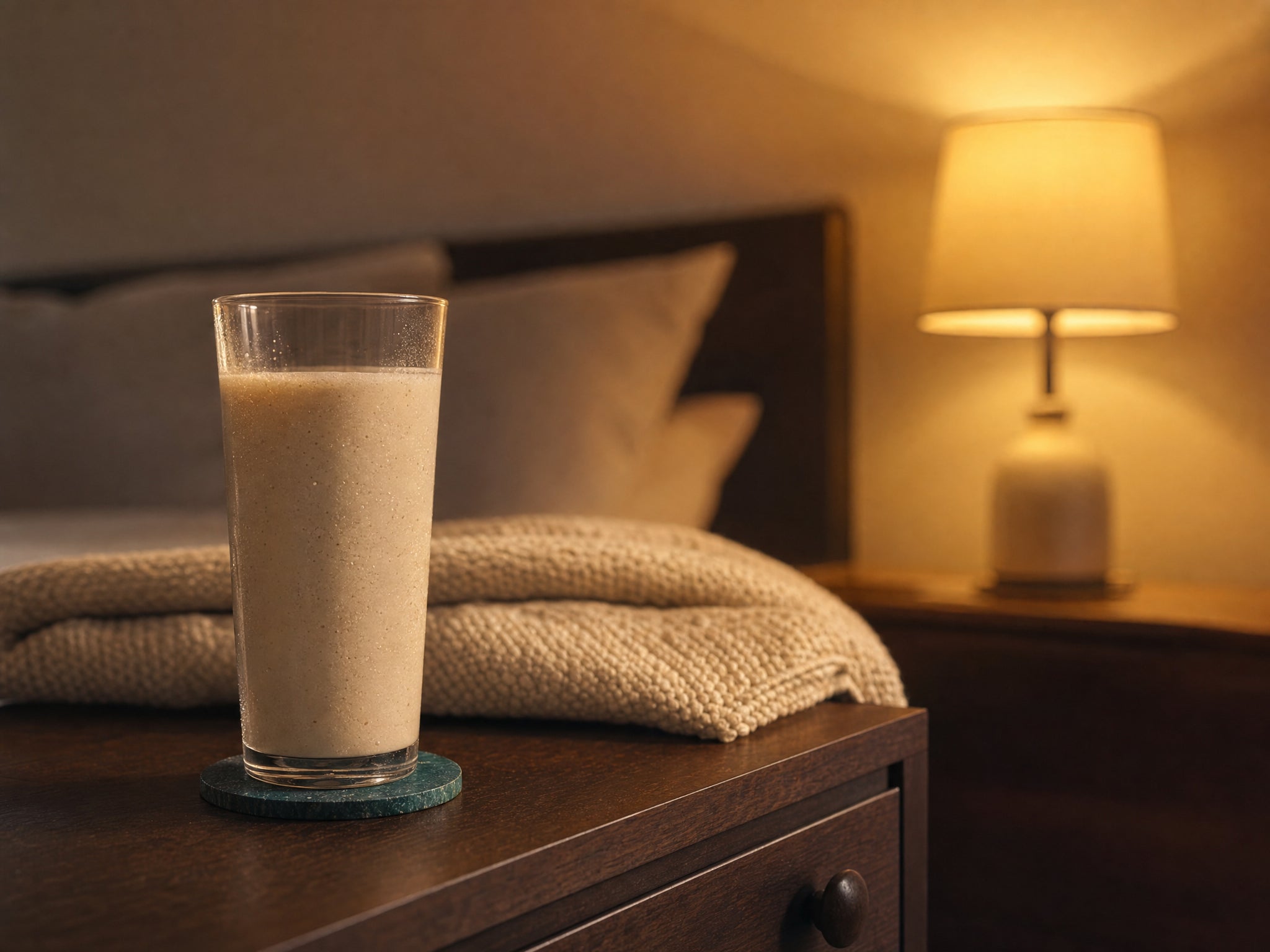 Cremiger pflanzlicher Proteinshake im Glas auf einem Holznachttisch in warmem Abendlicht.