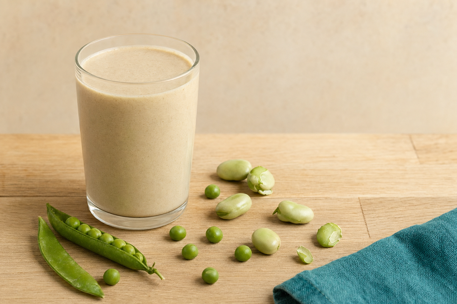 Glas mit cremigem pflanzlichem Proteinshake auf hellem Holzbrett, daneben Erbsen und ein offenes Wissenschaftsbuch, naturgrünes Licht