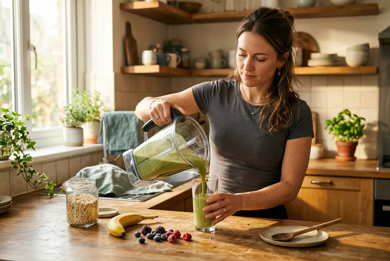 Frau bereitet in einer hellen Küche einen grünen Proteinshake mit pflanzlichem Proteinpulver zu, Morgenlicht auf Holzarbeitsplatte mit Banane und Beeren