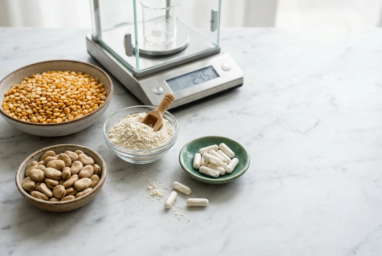 Präzisionswaage mit pflanzlichem Proteinpulver auf weißer Marmorflaeche, gelbe Erbsen und Ackerbohnen drumherum, Erlenmeyerkolben mit türkisfarbener Flüssigkeit im Hintergrund