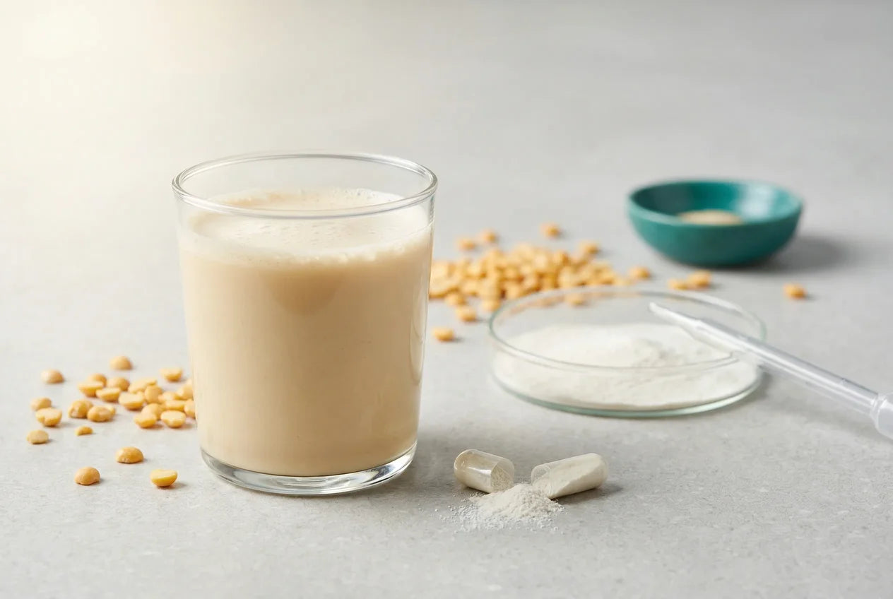 Glas mit pflanzlichem Proteinshake neben geöffneter Enzymkapsel mit weißem Pulver, Petrischale und Pipette im Hintergrund, gelbe Erbsen auf hellgrauer Flaeche