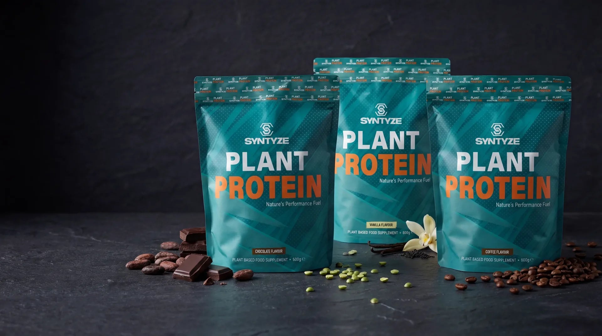 SYNTYZE Plant Protein Lineup - Alle Geschmacksrichtungen Chocolate Vanilla Coffee