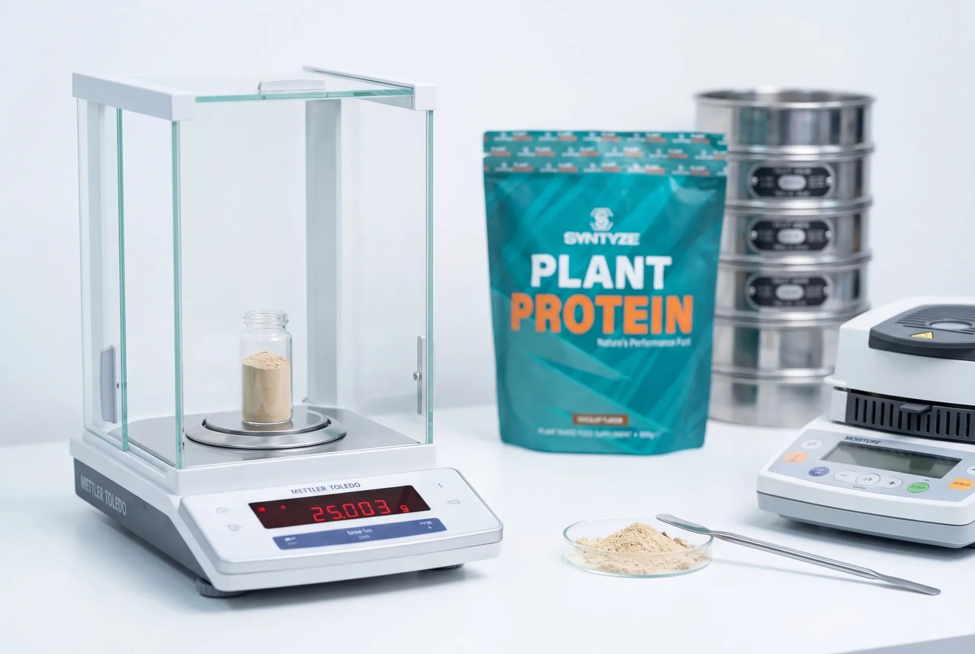 SYNTYZE Labortest Qualitaetskontrolle - Unabhaengige Analyse pflanzliches Proteinpulver