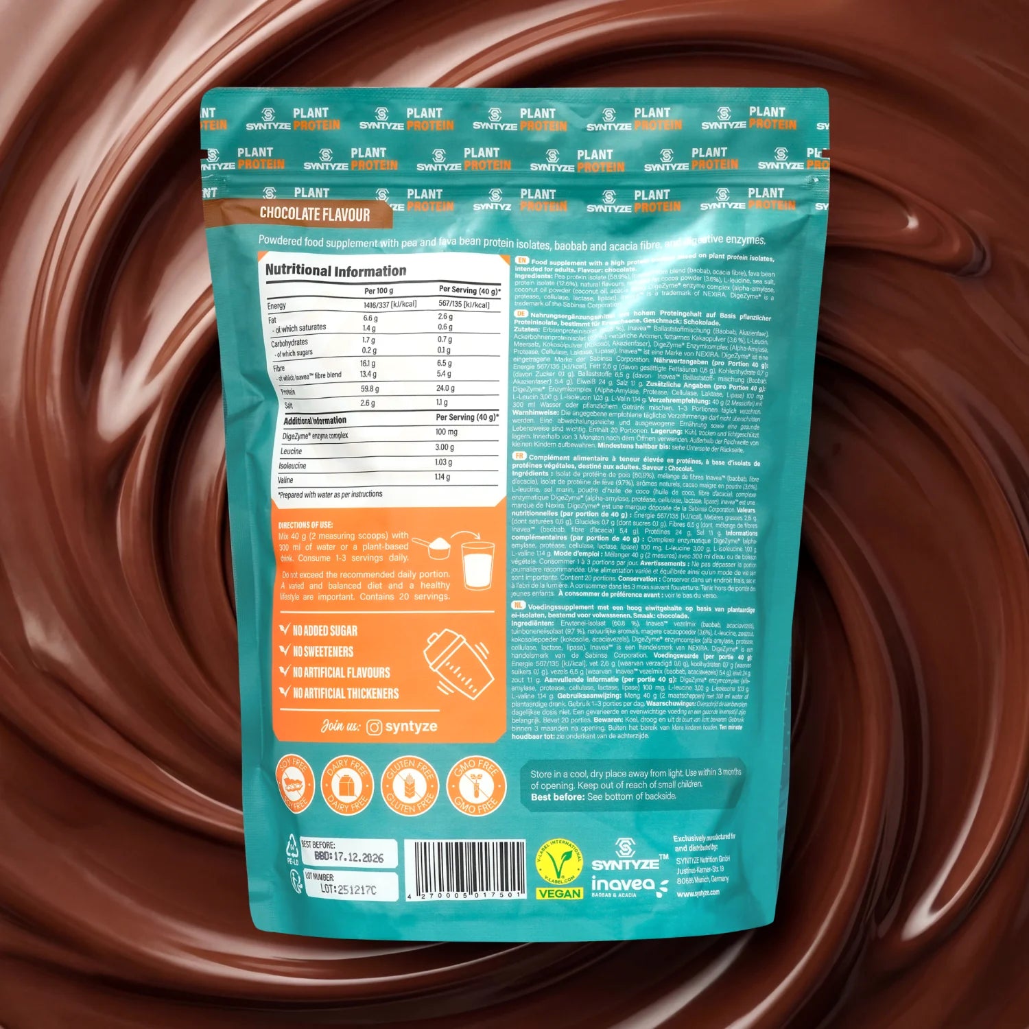 SYNTYZE Plant Protein Schokolade – Rückseite mit Nährwerttabelle und Zutaten
